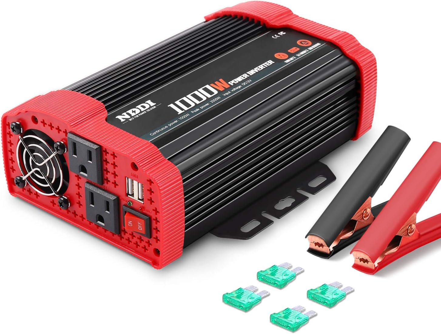 NDDI 1000W Car Power Inverter 12V DC to 110V AC Converter with Dual AC Outlets and 3.1A Quick Charging USB Port Car Adapter Pack of 2