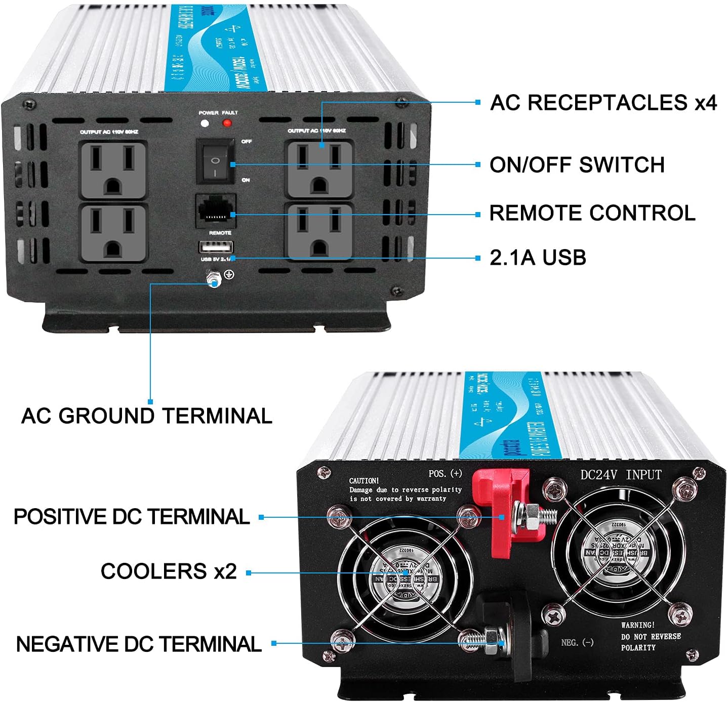 pooxtra 1500w Pure Sine Wave Inverter 24V to 110V Power Converter with 4 AC Outlets and 2.1A USB Port & Remote Controller for RV Trucks Boats and Emergency