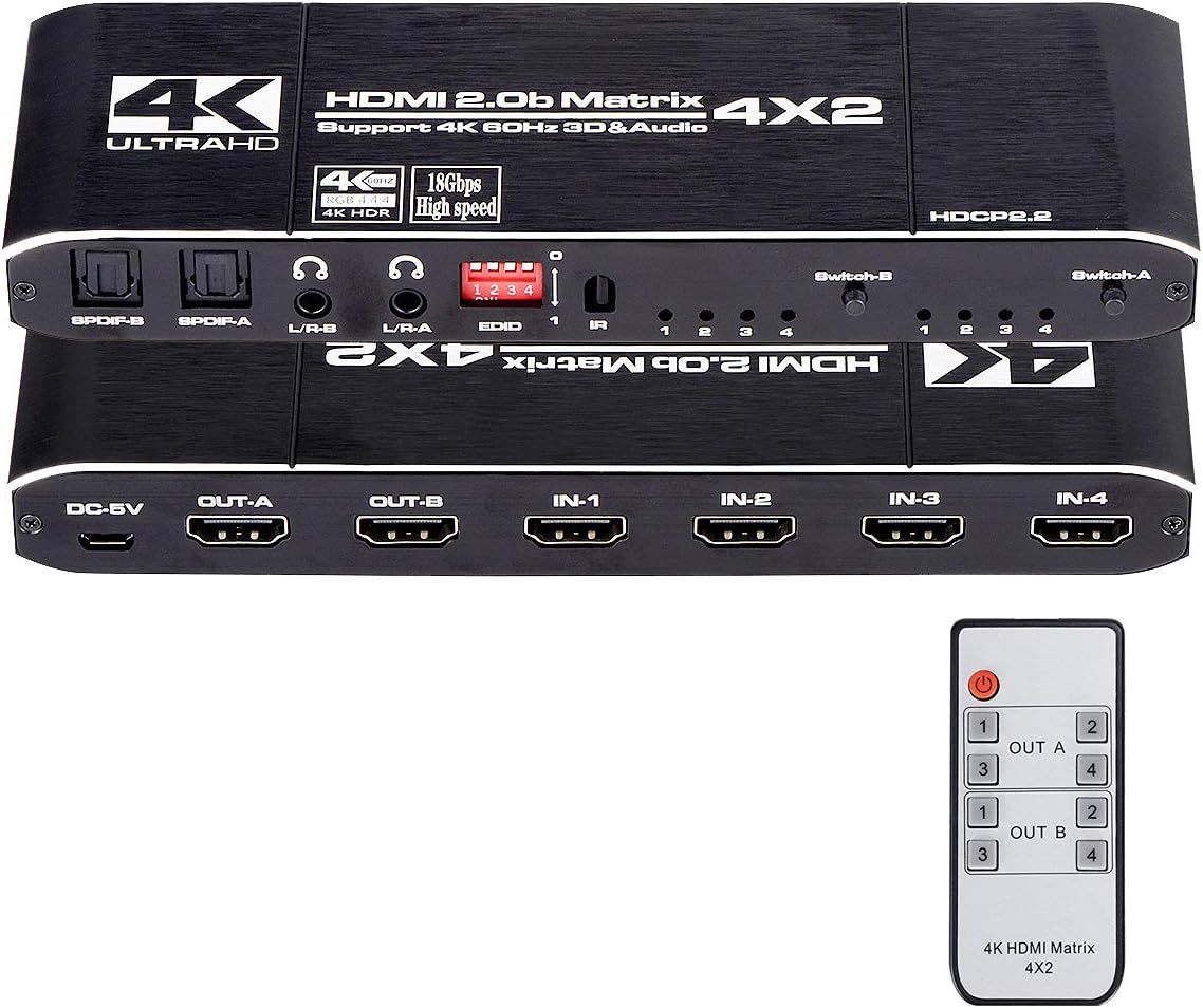 HDMI Matrix Switch 4x2, 4K HDMI Matrix Switcher Splitter 4 in 2 Out Box with EDID Extractor and IR Remote Control Support 4K HDR, HDMI 2.0b, HDCP 2.2, 4K@60Hz, 3D, 1080P