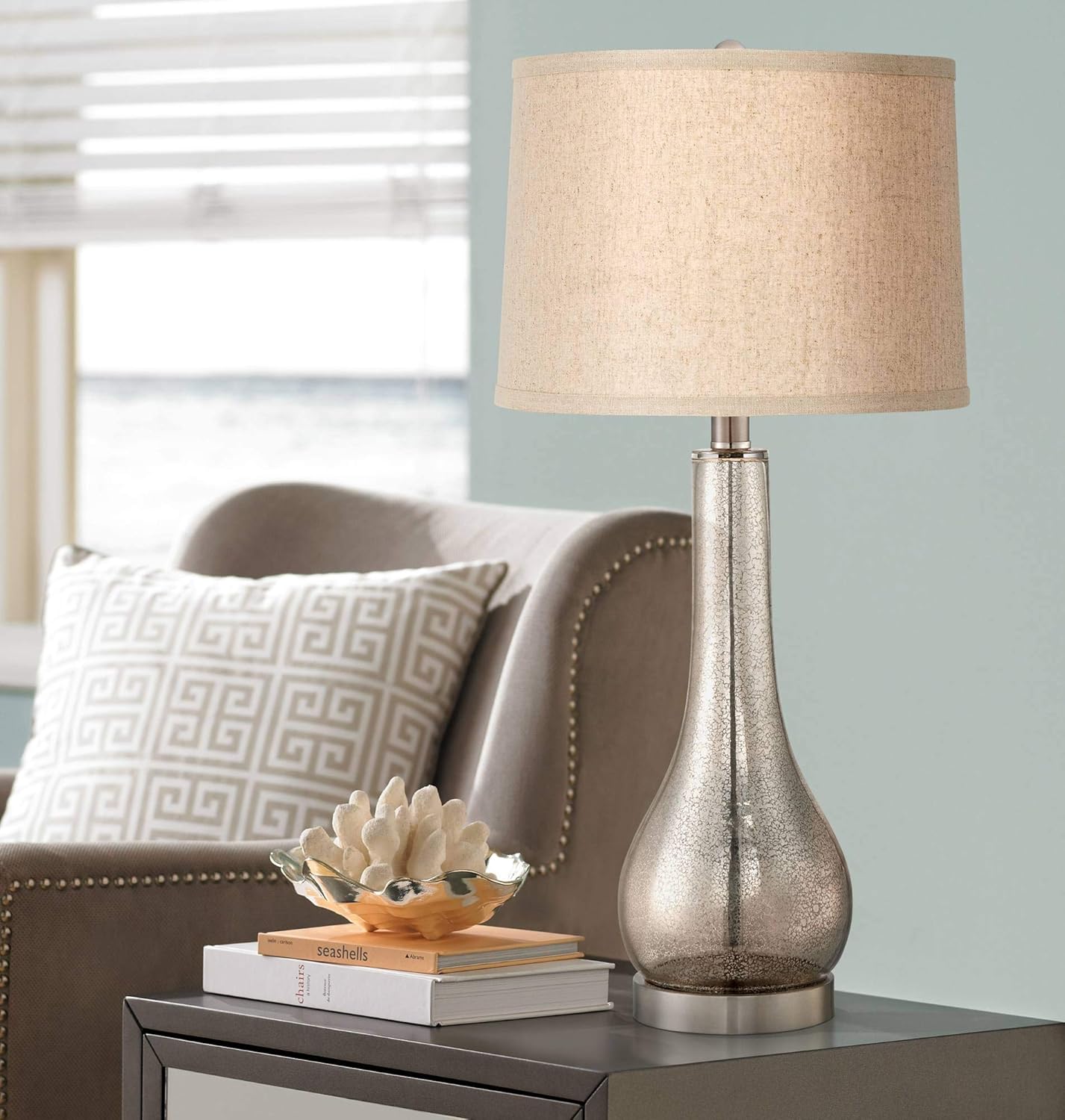 Janna Traditional Luxury Table Lamp Silver Mercury Glass Gourd Taupe Linen Drum Shade Decor for Living Room Bedroom Beach House Bedside Nightstand Home Office Reading Family - 360 Lighting