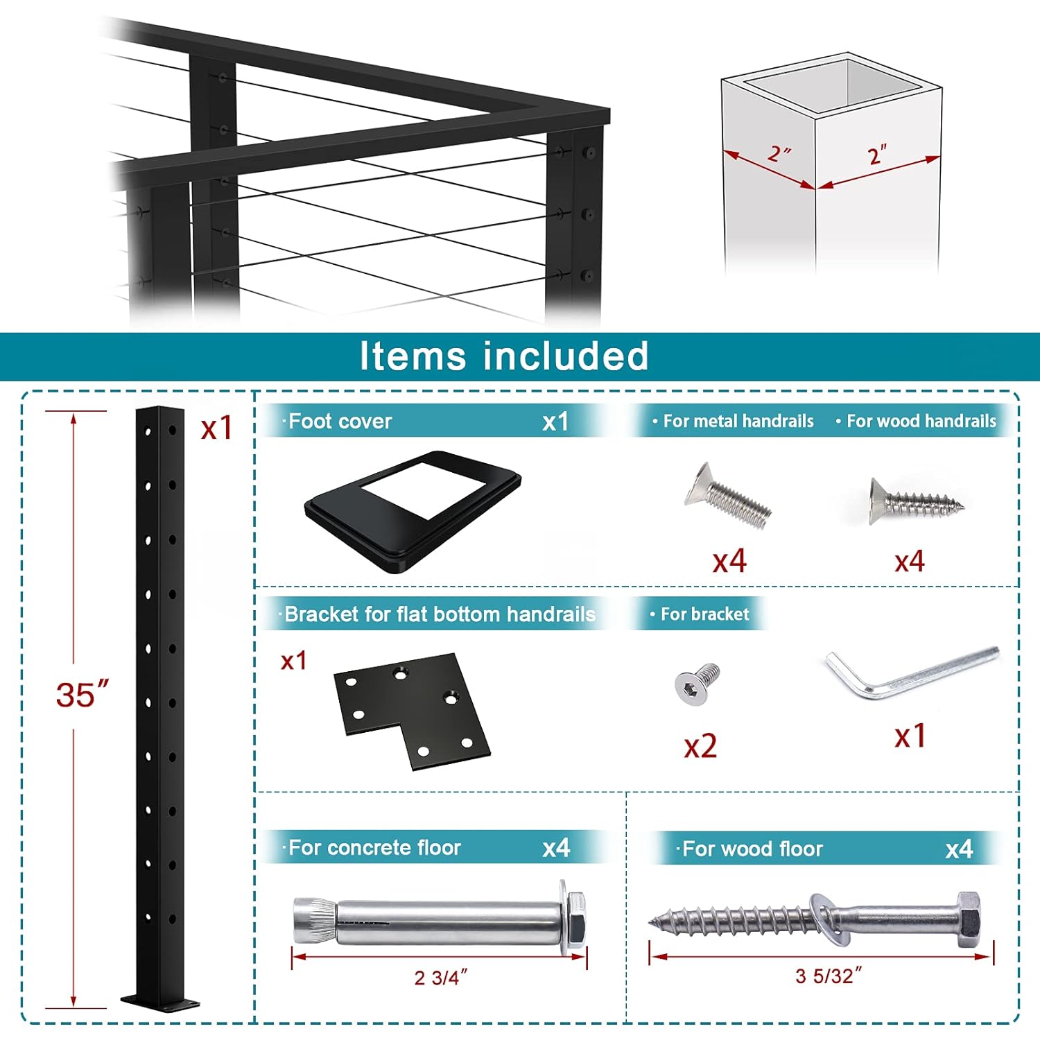 Muzata Corner Post Cable Railing Post Black Flat Top Square T-Corner Three Side Pre-drilled 36''x2''x2'' for Wood Concrete Surface Mount Deck Balustrade PS02 B34S, PT1 PT2 PT6