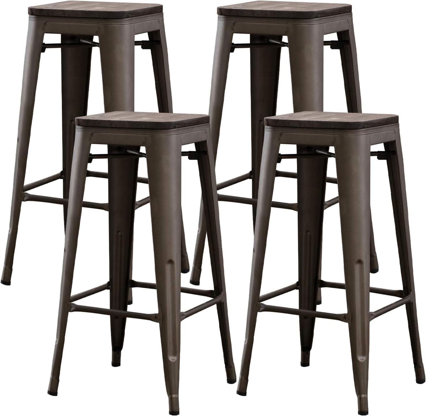 Bonzy Home Bar Stools Set of 4, 24 inches Indoor Outdoor Metal Bar Stools with Wood Seat, High Backless Stackable Home Patio Kitchen Dining Stool Backless Bar Chair