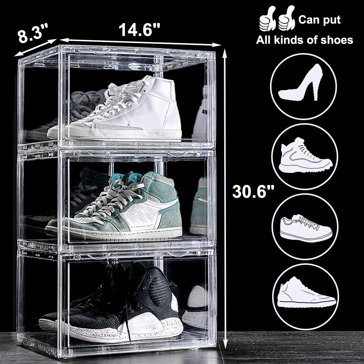Clear Shoe Box,9 Packs Stackable Plastic Sneaker Box Container, Magnetic Side Open Shoe Organizer and Shoes Storage Case, Full Transparent to Display Sneakers