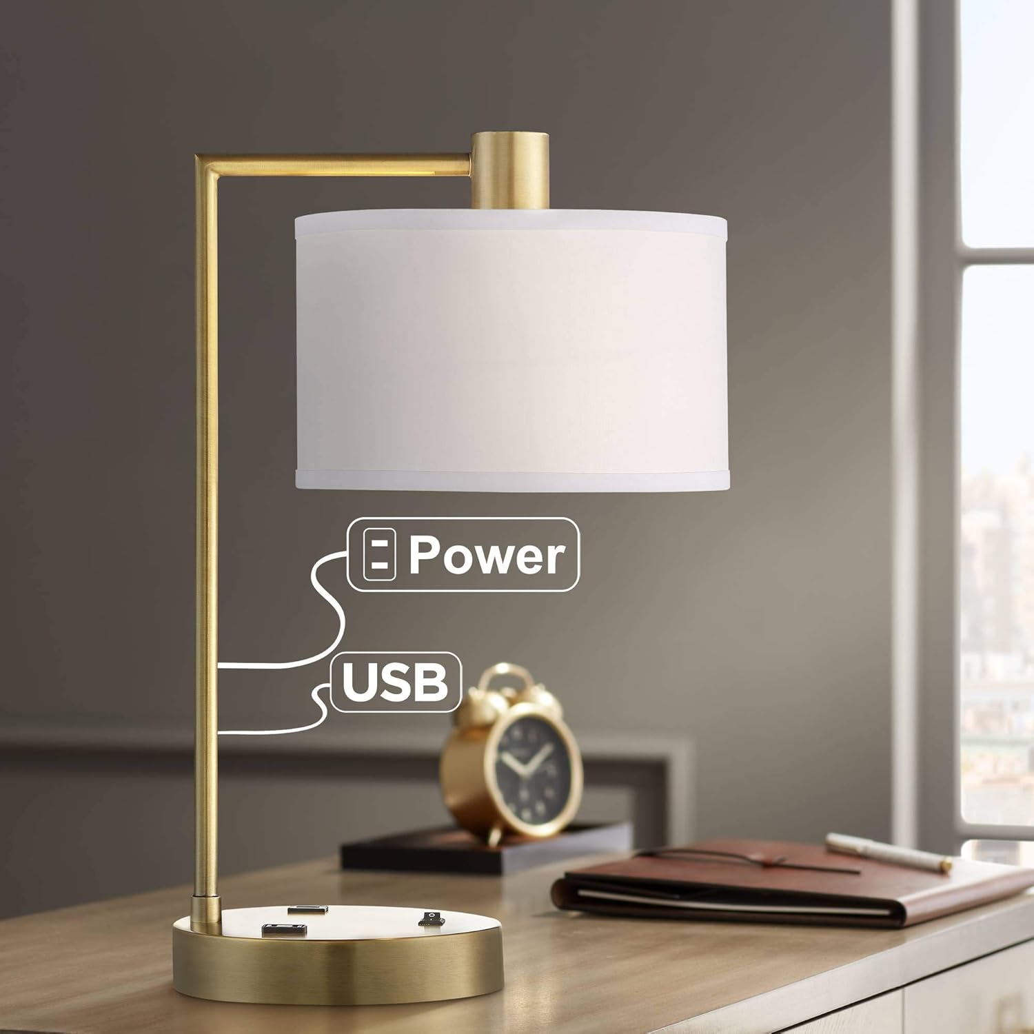 Colby Modern Comtemporary Desk Table Lamp with USB and AC Power Outlet in Base Antique Brass White Linen Drum Shade for Living Room Bedroom House Bedside Nightstand Home Office - 360 Lighting