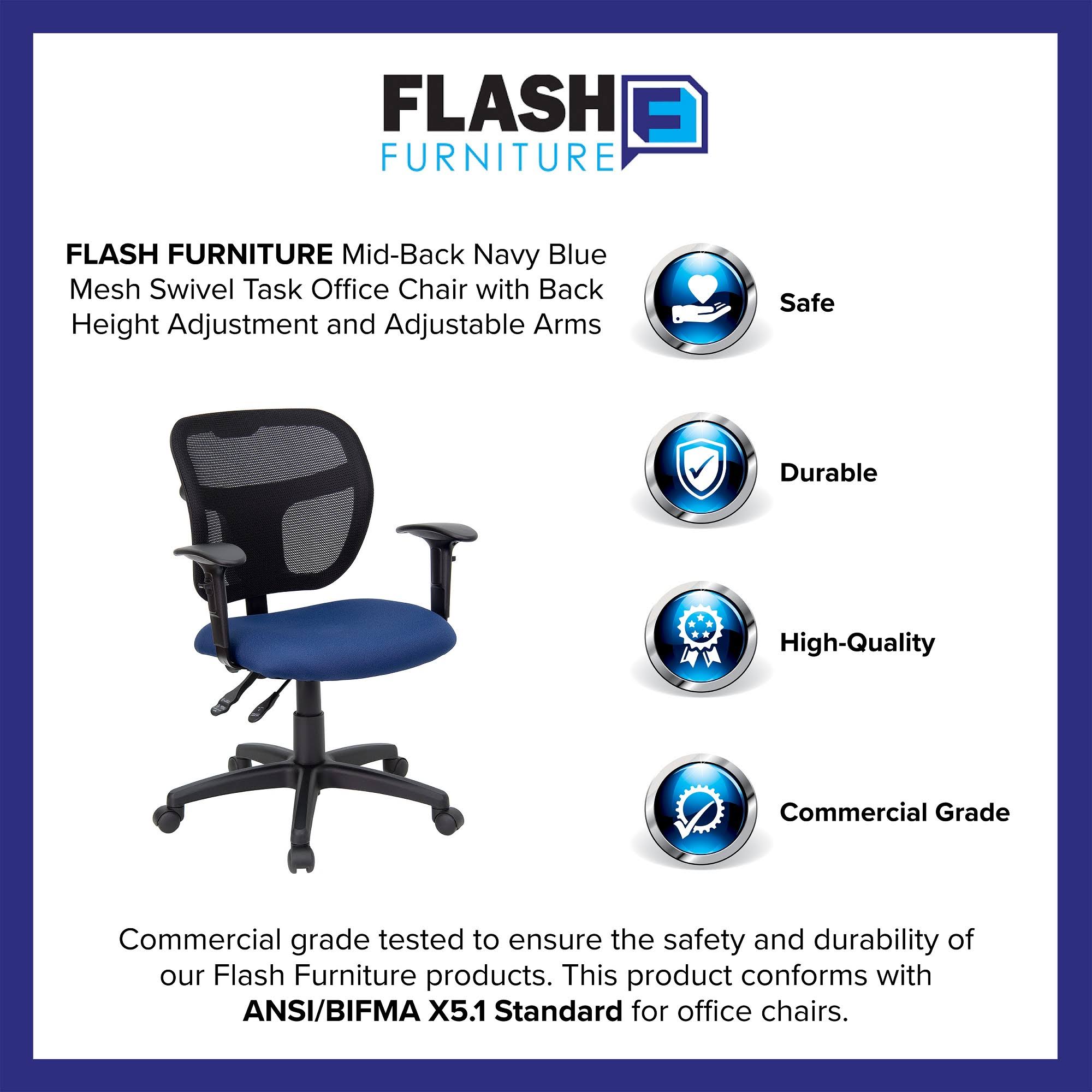 Flash Furniture Mid-Back Navy Blue Mesh Swivel Task Chair with Adjustable Arms
