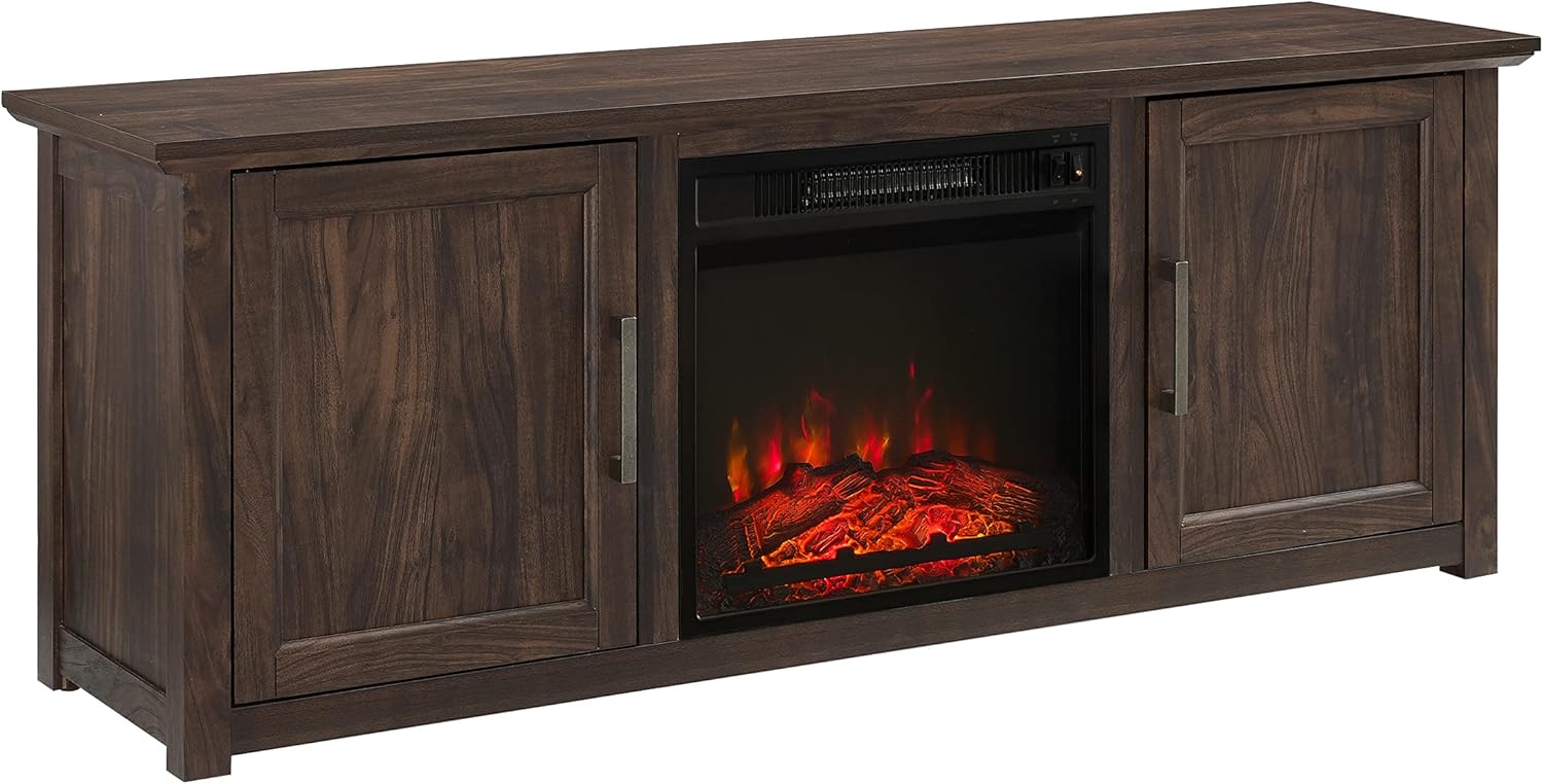 Crosley Furniture Camden 58-inch Low Profile TV Stand with Electric Fireplace, Dark Walnut