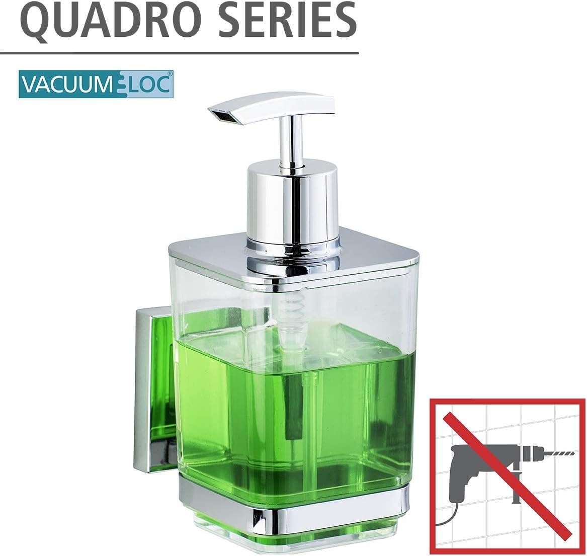 Wenko Vacuum-Loc soap Dispenser Quadro, Stainless Steel, Silver Shiny, 7.5 x 10 x 16 cm Pack of 2