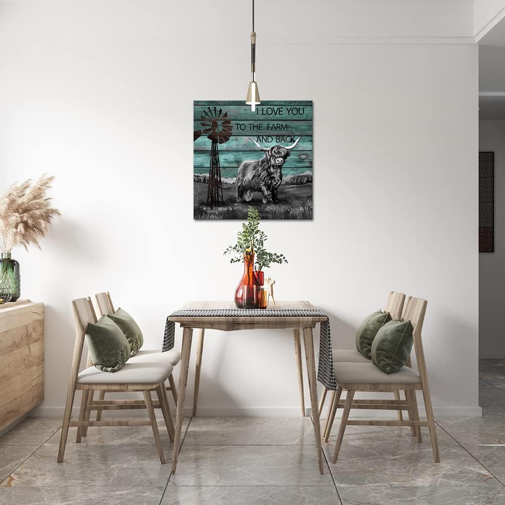 Canvbay Farmhouse Canvas Wall Art Cow Cattle Picture Print on Canvas Windmill Country Rustic Painting Artwork Motivational Quotes on Teal Wooden Background for Bathroom Wall Decoration Framed 24x24inch