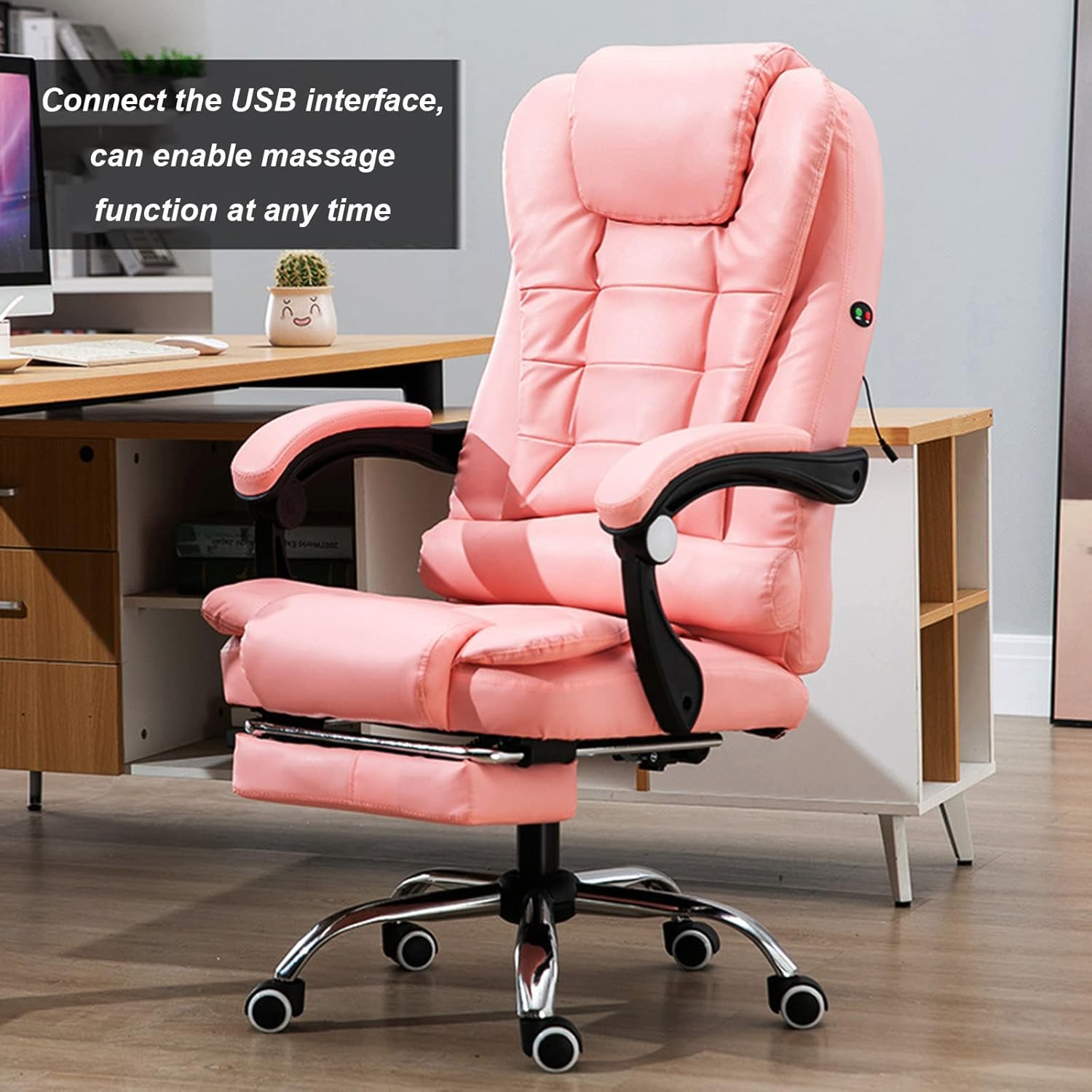 Pink Gaming Chair, Cute Kawaii Computer Game Chair Racing Executive Ergonomic Adjustable Swivel Task Massage Chair with Lumbar Support and Retractable Footrest of Backrest Thickening Sponges