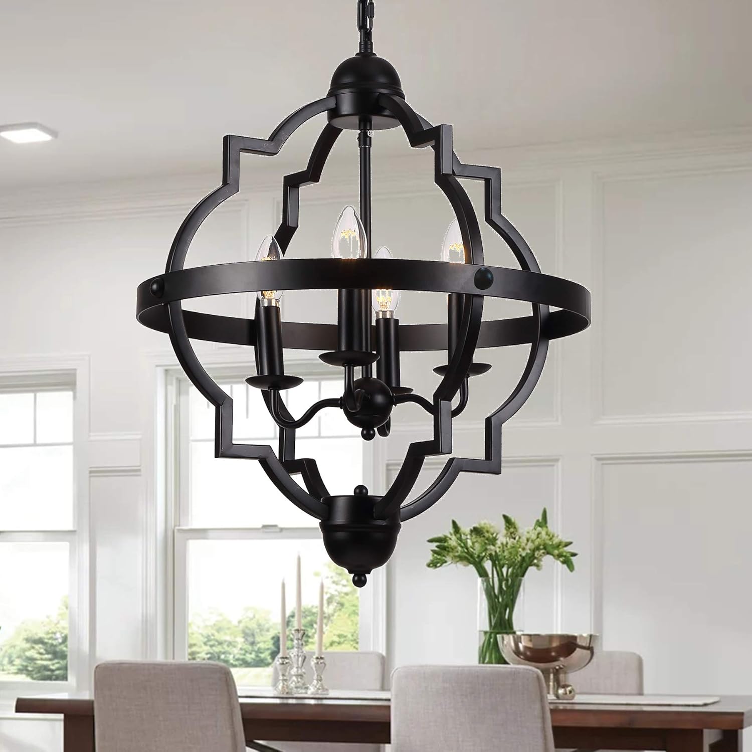 Riomasee 4-Light Orb Chandelier Rustic Farmhouse Chandelier Industrial Black Metal Pendant Light Fixtures for Bedroom,Foyer,Dining,Living Room,Kitchen Lighting