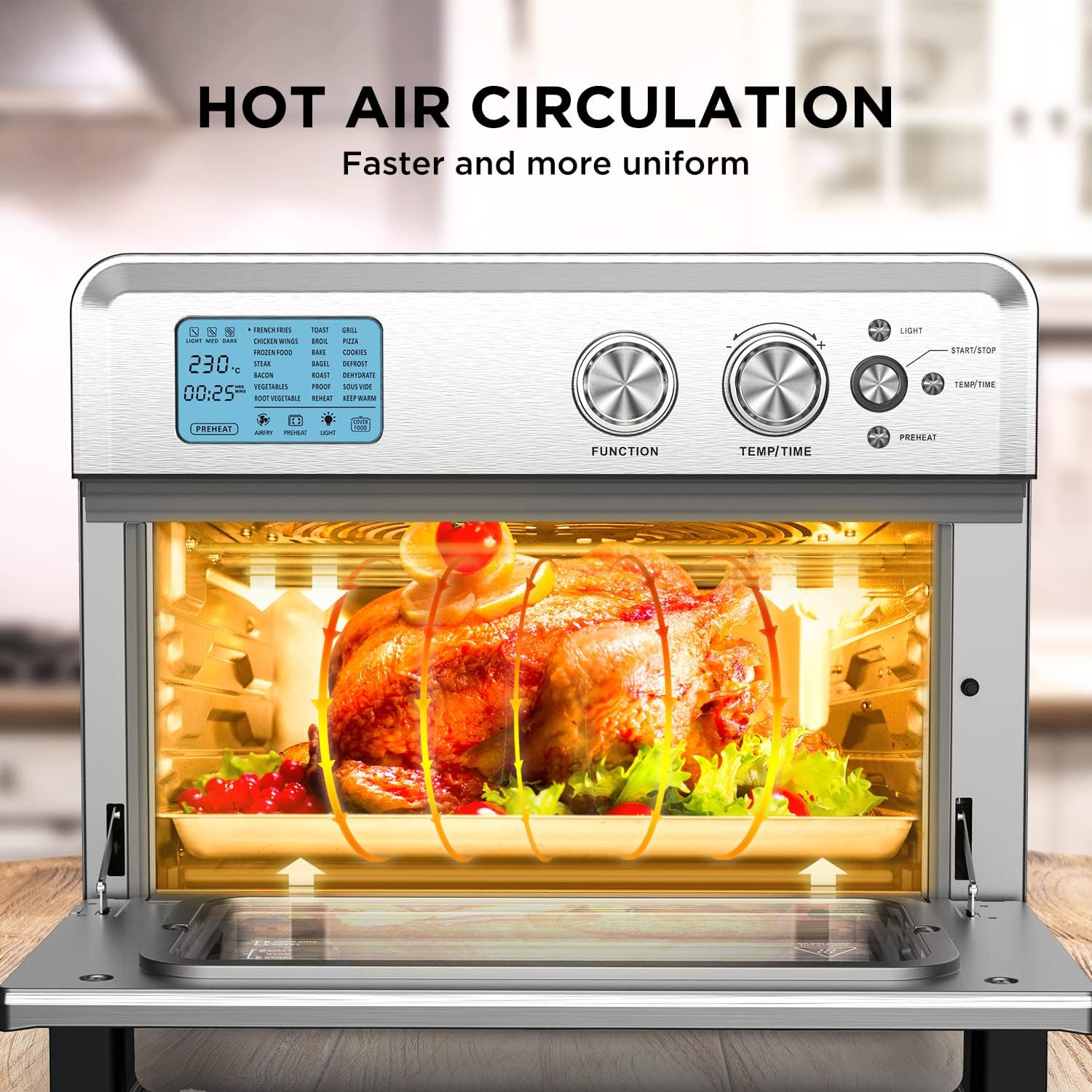 Toaster Oven Air Fryer Combo with 21 Presets, 26.3 QT Countertop Convection Oven with Airfryer Accessories, Recipe, for Bake, Fry Meals, Desserts, Oil-less, 1800W, Stainless Steel