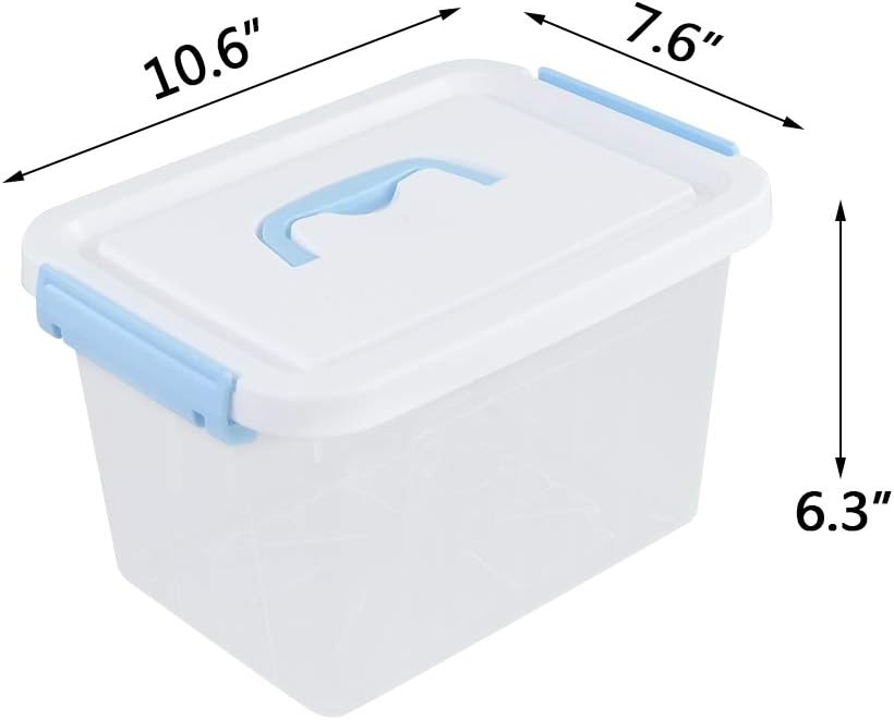 Tyminin Small Plastic Clear Storage Lidded Latch Box Bin with White Lid and Light Blue Handles, 6 Packs