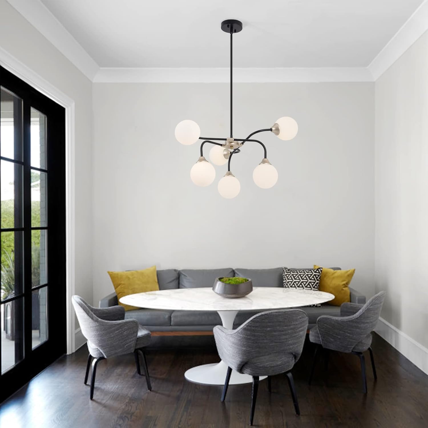 Qamra Modern Sputnik Chandelier, Black Gold 6-Light Chandeliers with White Glass Shade, Metal Pendant Light Lighting Fixture for Living Room Dining Room Stair Entryway Kitchen Island