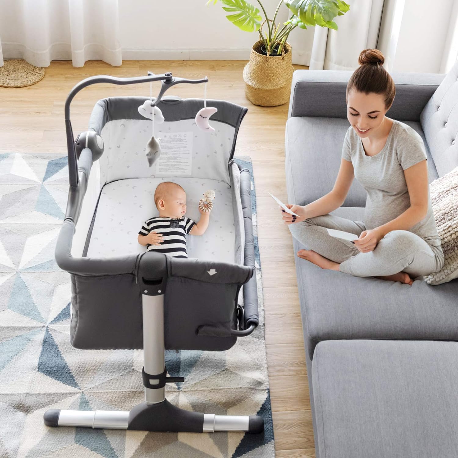 BABY JOY Baby Bedside Bassinet, Height Adjustable Portable Crib w/Music, Toy Rack, Mattress, Straps, Breathable Mesh & Carrying Bag, Easy Folding Kids Bed Side Sleeper for Newborn Infant (Light Grey)