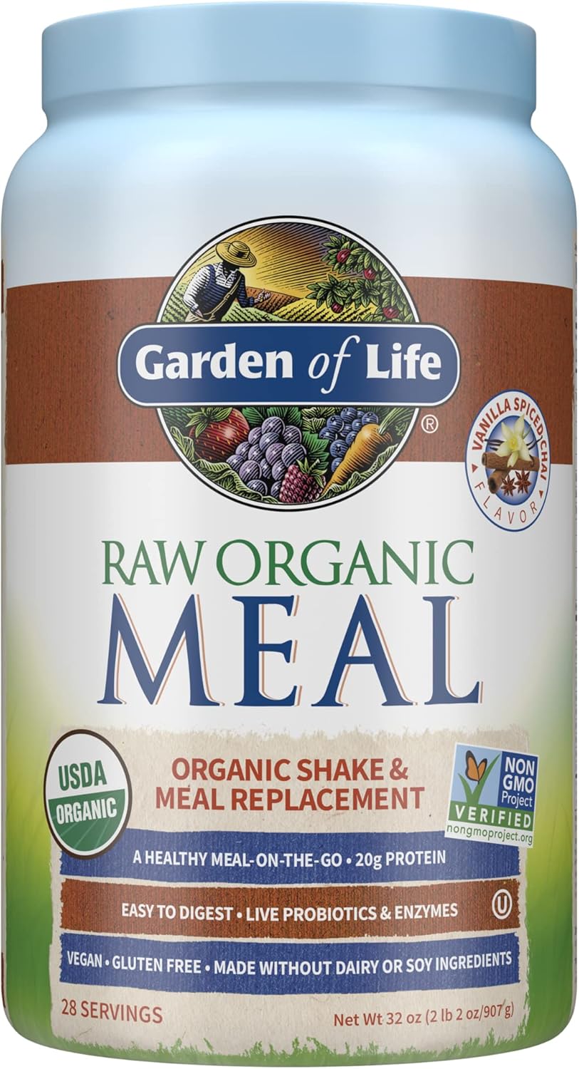 Garden of Life Raw Organic Meal Replacement Powder - Vanilla Chai, 28 Servings, 20g Plant Based Protein Powder, Superfoods, Greens, Vitamins Minerals Probiotics, All-in-One Meal Replacement Shake Pack of 2
