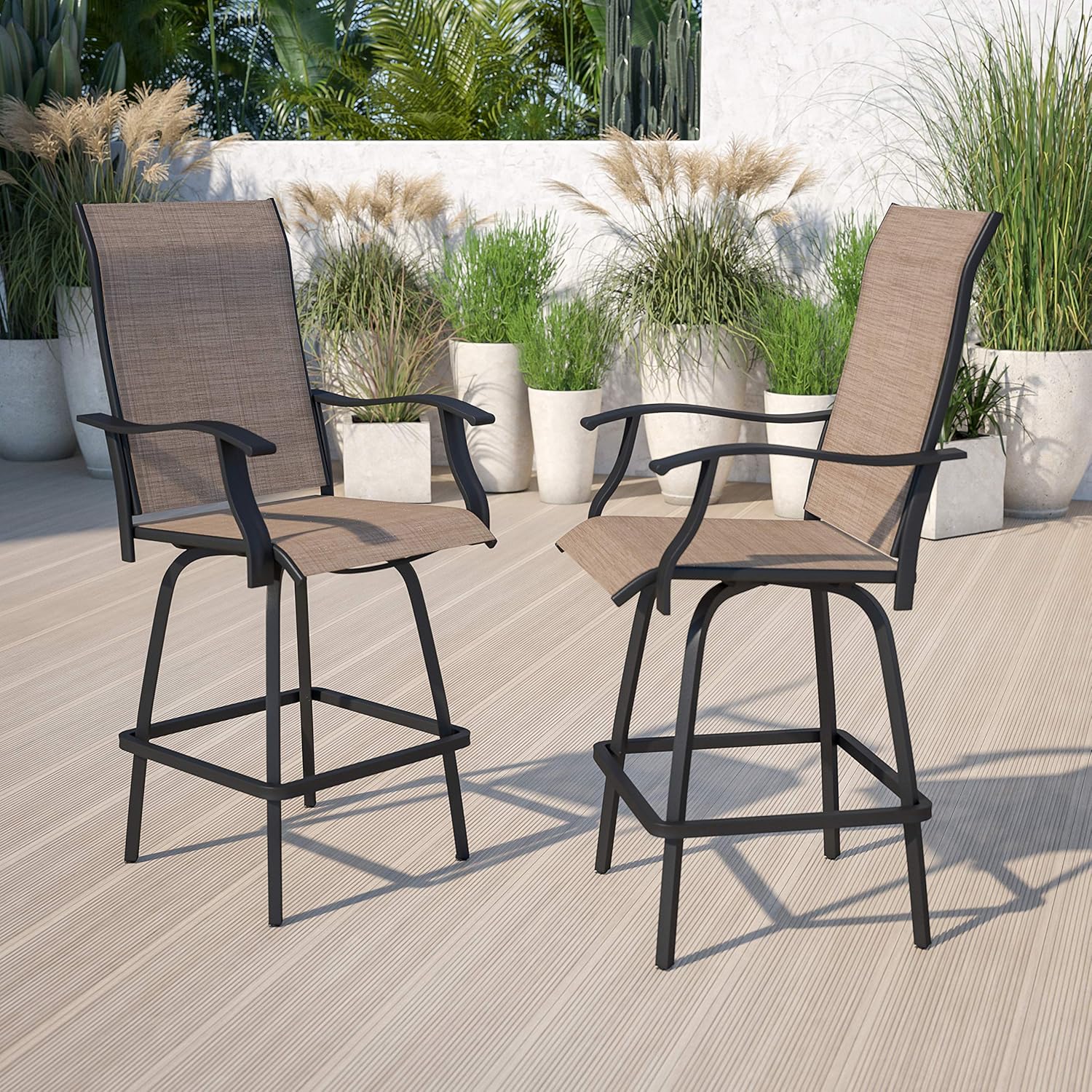 Flash Furniture Patio Bar Height Stools Set of 2, All-Weather Textilene Swivel Patio Stools and Deck Chairs with High Back and Armrests in Black