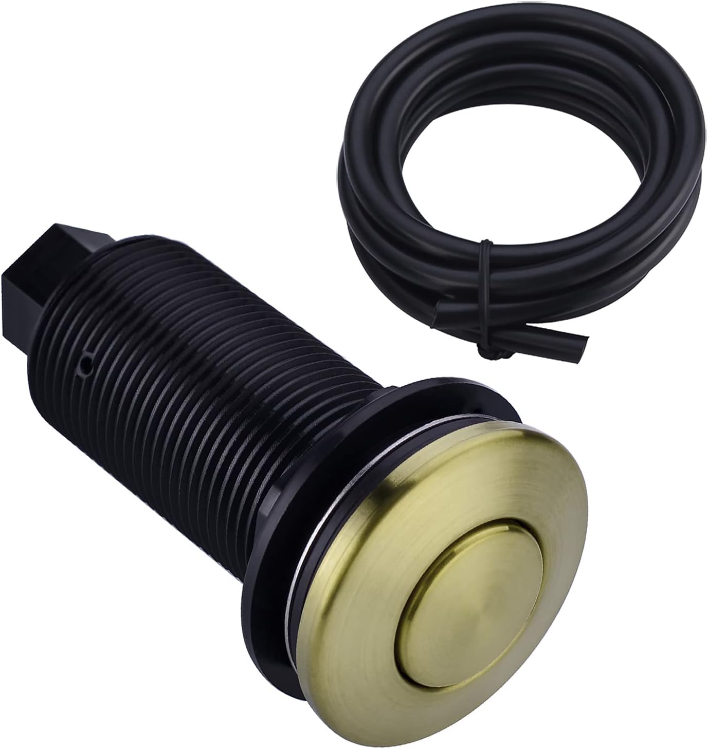 BESTILL Sink Top Garbage Disposal Air Switch Button with Air Hose, Matte Black (Long Button with Brass Cover)