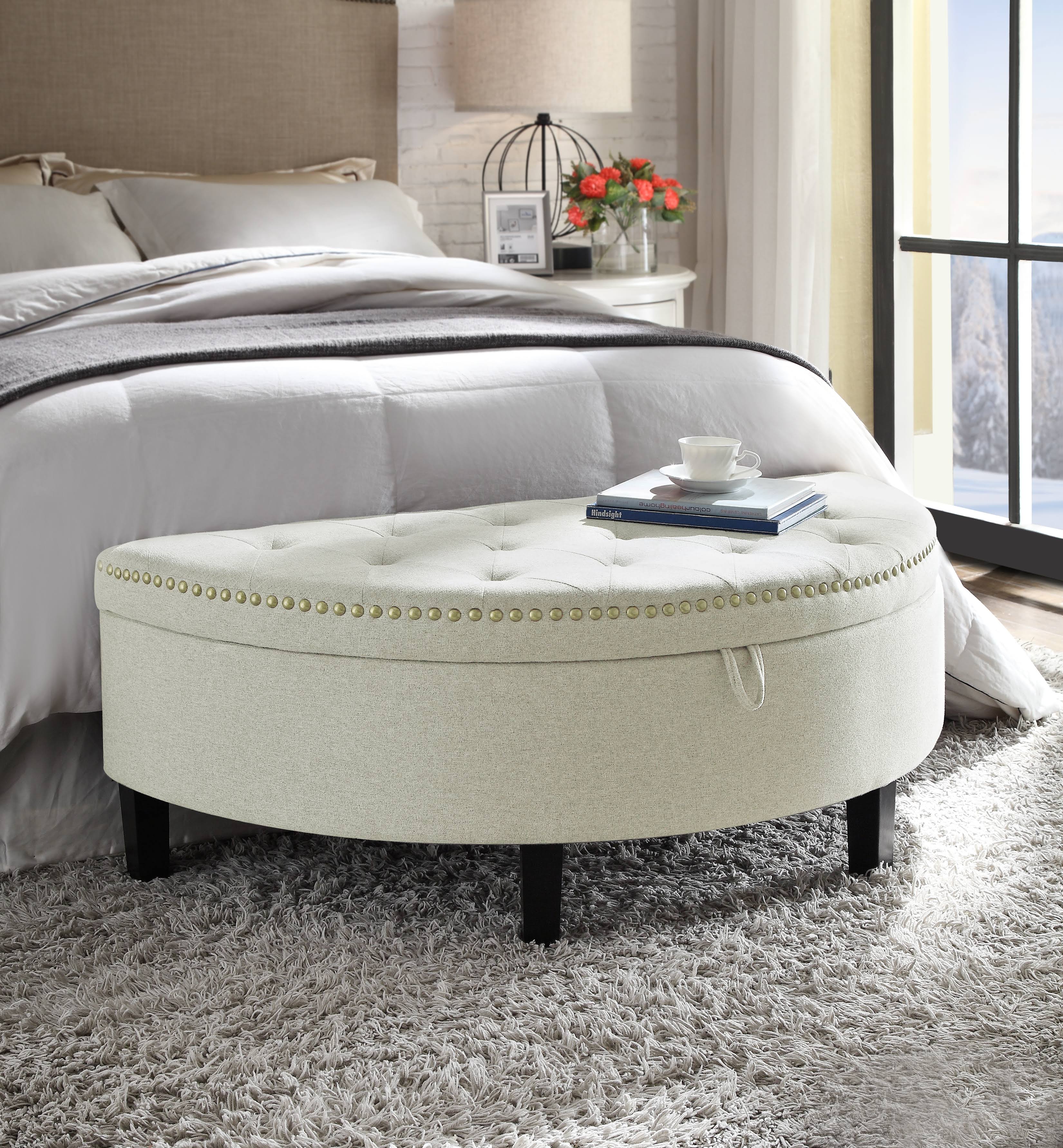 Chic Home Jacqueline Cream White Linen Button Tufted Gold Nailhead Trim Half Moon Storage Ottoman