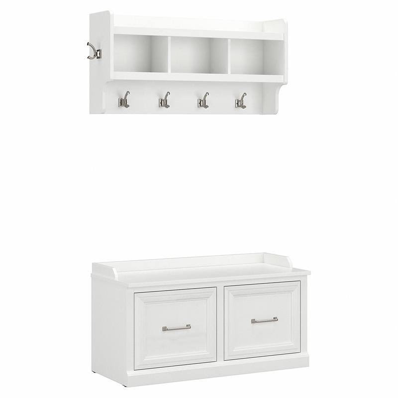 kathy ireland Home Woodland - Storage bench and wall coat rack set - 12 hooks - laminated engineered wood - white ash