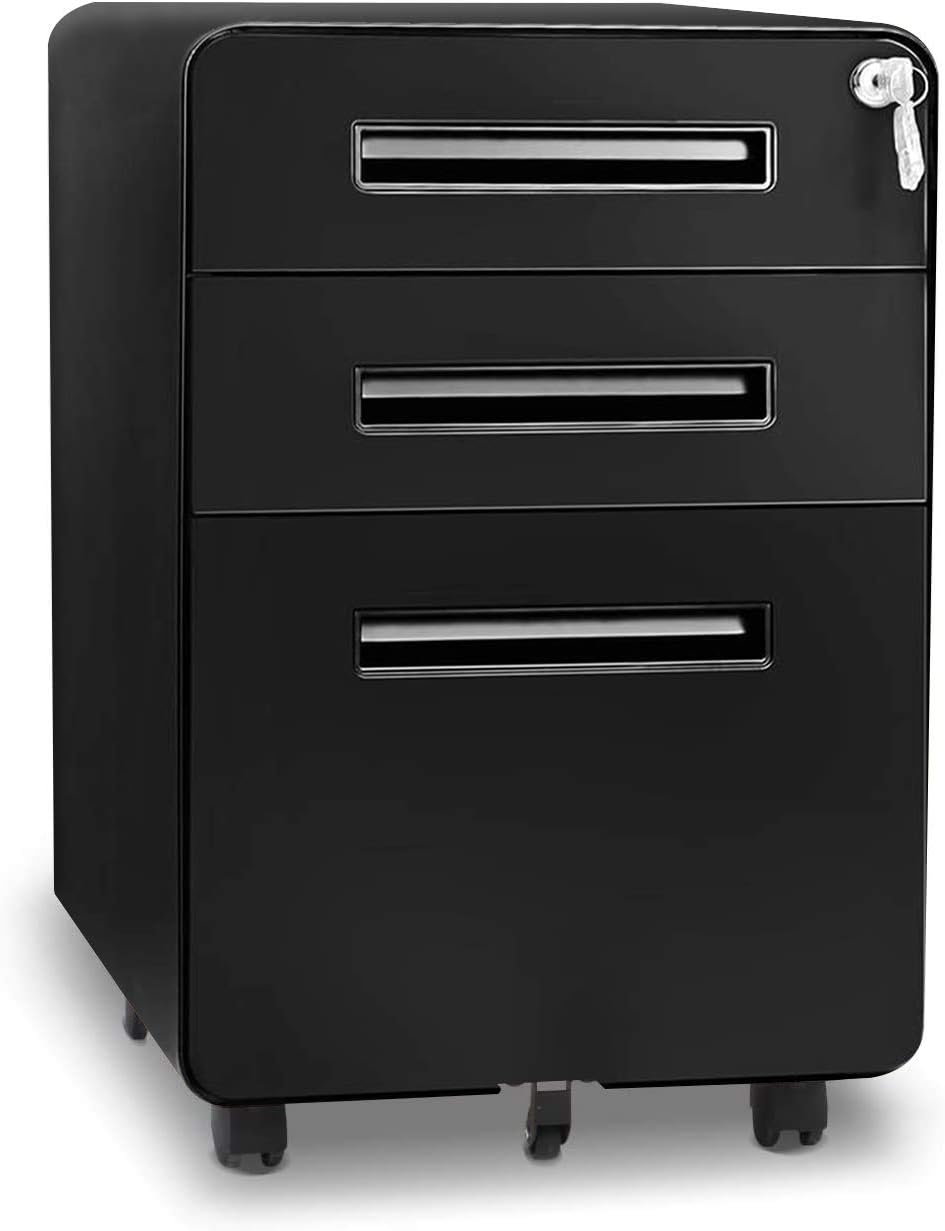 Superday Metal File Cabinet with Wheels and Keys, 3 Drawer Filing Cabinet Pre-Assembled, Mobile Under Desk Storage Cabinet for A4/Letter/Legal, Black