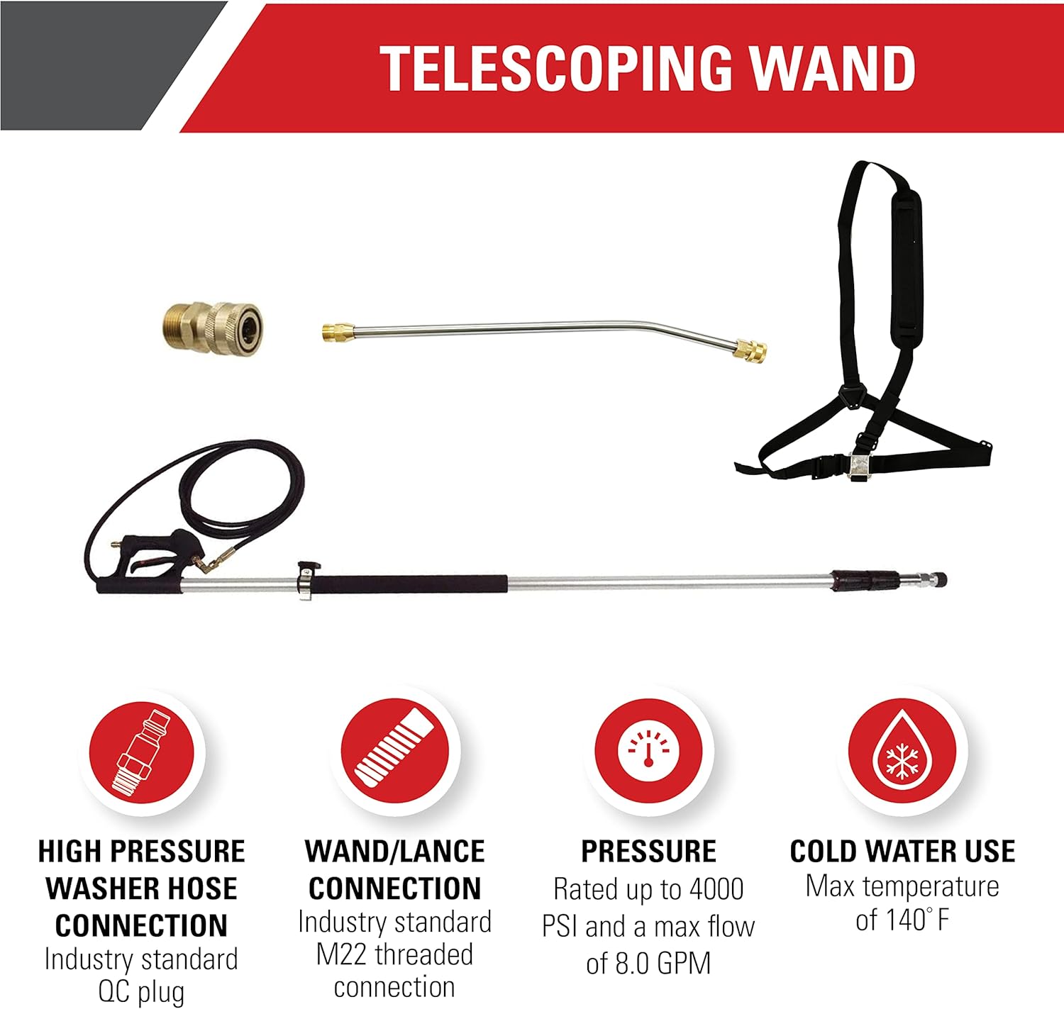 Simpson Cleaning 80470 Telescoping Extension Wand for Gas and Electric Pressure Washers up to 4000 PSI, Silver/Black