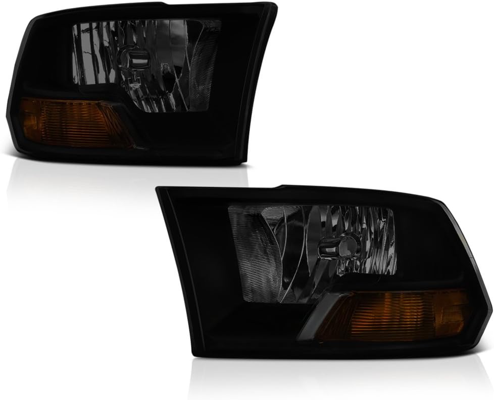 VIPMOTOZ Black Smoke OE-Style Dual Beam Headlight Headlamp Assembly For 2009-2018 Dodge RAM 1500 2500 3500 Pickup Truck, Driver & Passenger Side