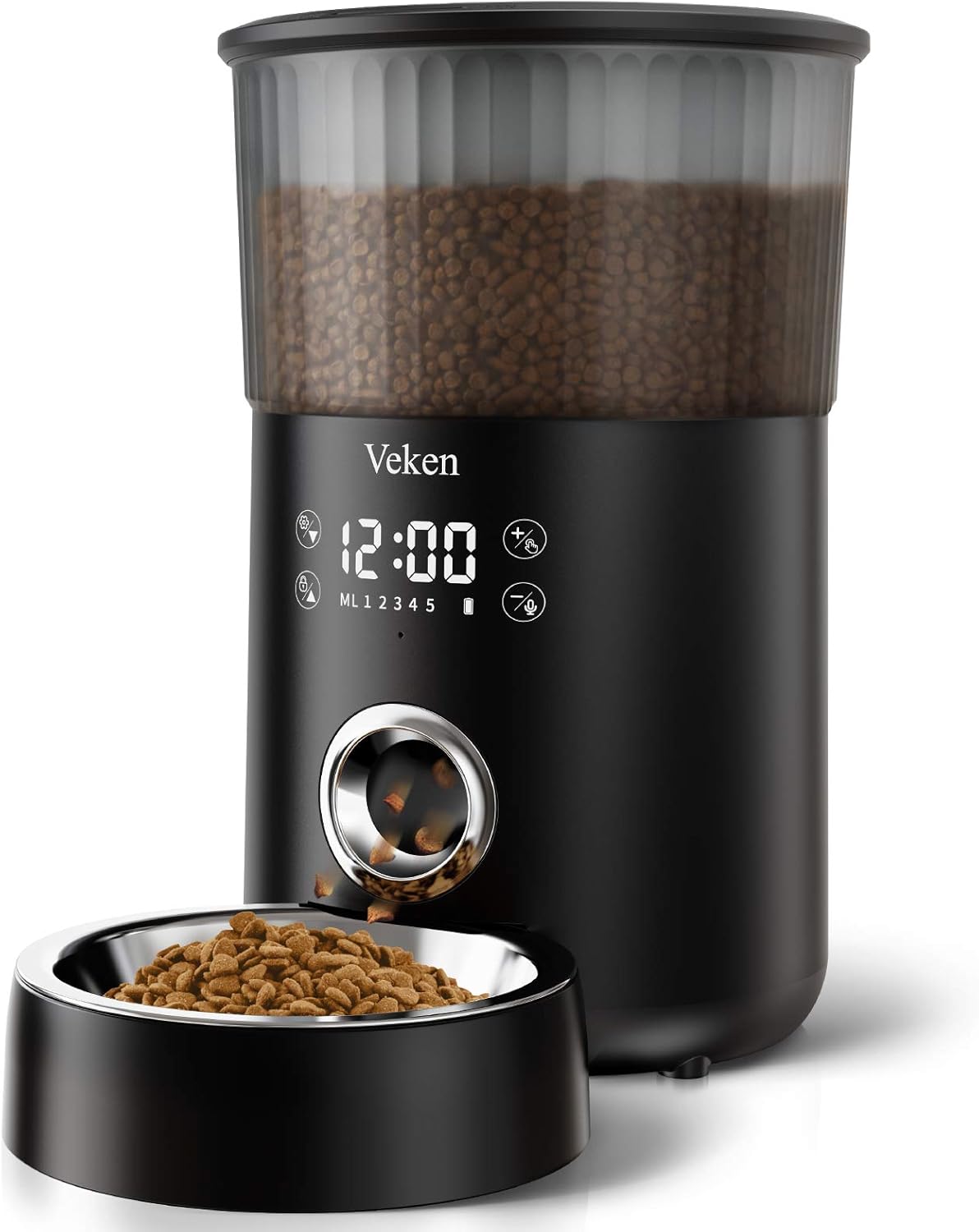 Veken Automatic Cat Feeder, 135oz/4L Dog Feeder Pet Food Dispenser with Programmable Timer, Portion Control 1-5 Meals Per Day, Dual Power Supply & Voice Recorder for Small to Medium Cats Dogs (Black) Pack of 2