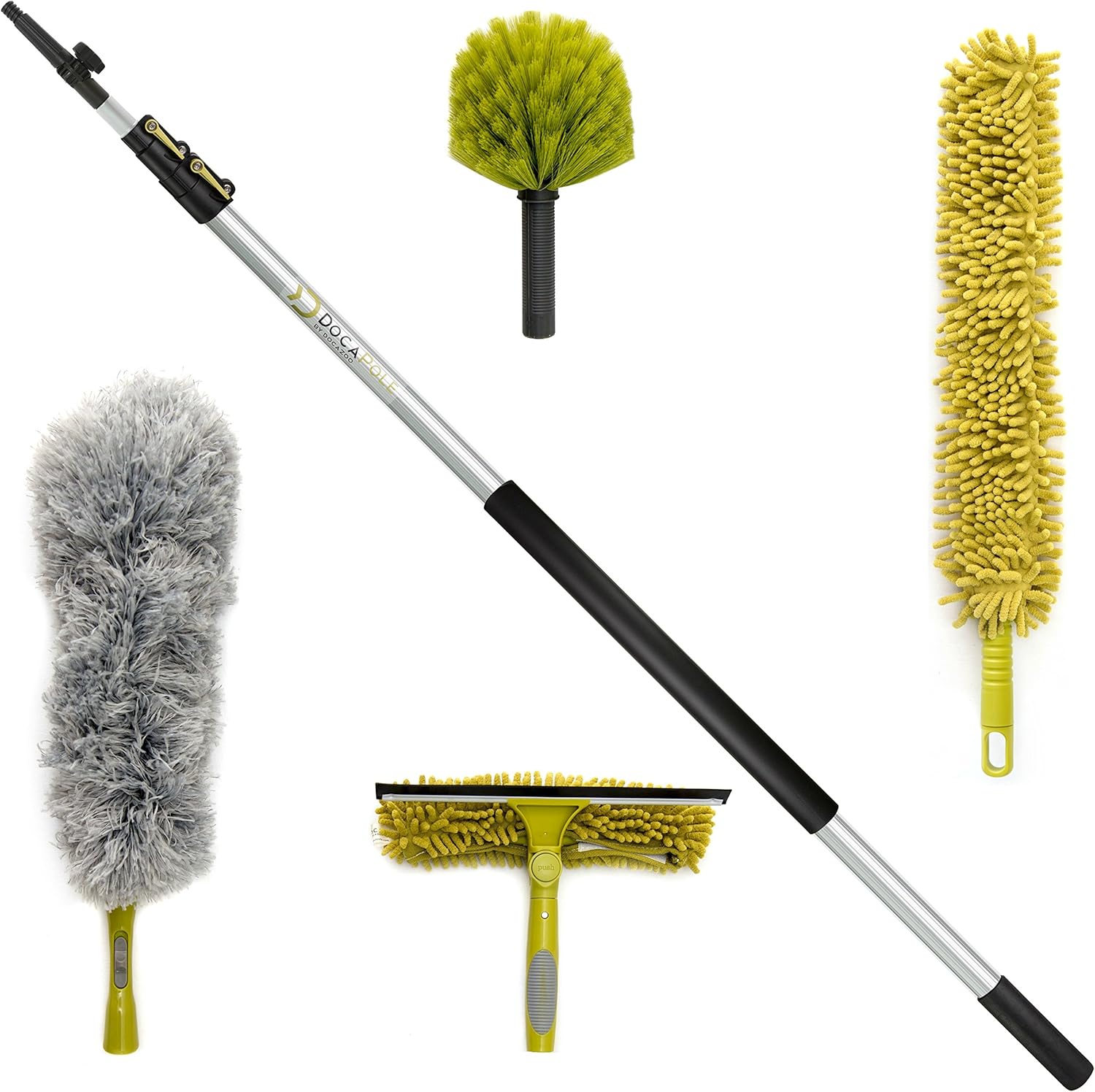 DocaPole 30 ft Reach Cleaning Kit with 6-24 Foot Telescoping Extension Pole, 3 Dusting Attachments 1 Window Squeegee & Washer, Cobweb Duster, Microfiber Feather Duster
