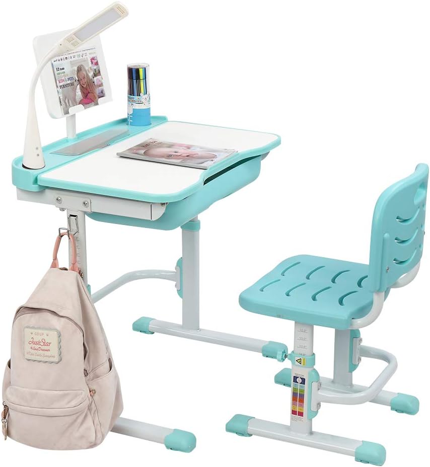 Bonnlo 27.6in Kids Desk and Chair Set w/Lamp, Height Adjustable Children Writing Desk, School Study Desk with Tilt Desktop, Metal Hook, Book Stand and Storage Drawer for Boys Girls(Black)