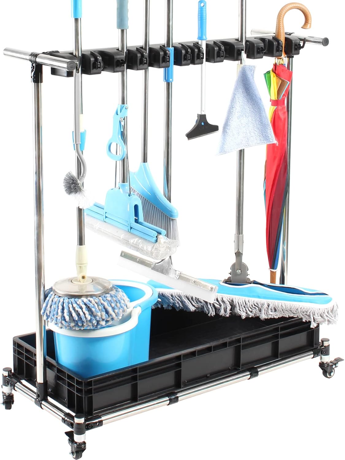 QTJH Black Broom mop Shelf Floor-Standing Removable Tool Storage Rack Stainless Steel mop Rack Suitable for garages, Hotels, Schools, Restaurants, etc