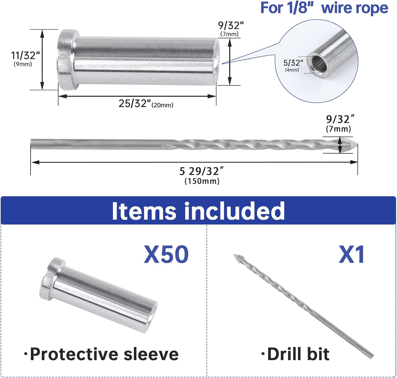 Muzata 50Pack Stainless Steel Protective Sleeves Cable Railing Kit Hardware for 1/8