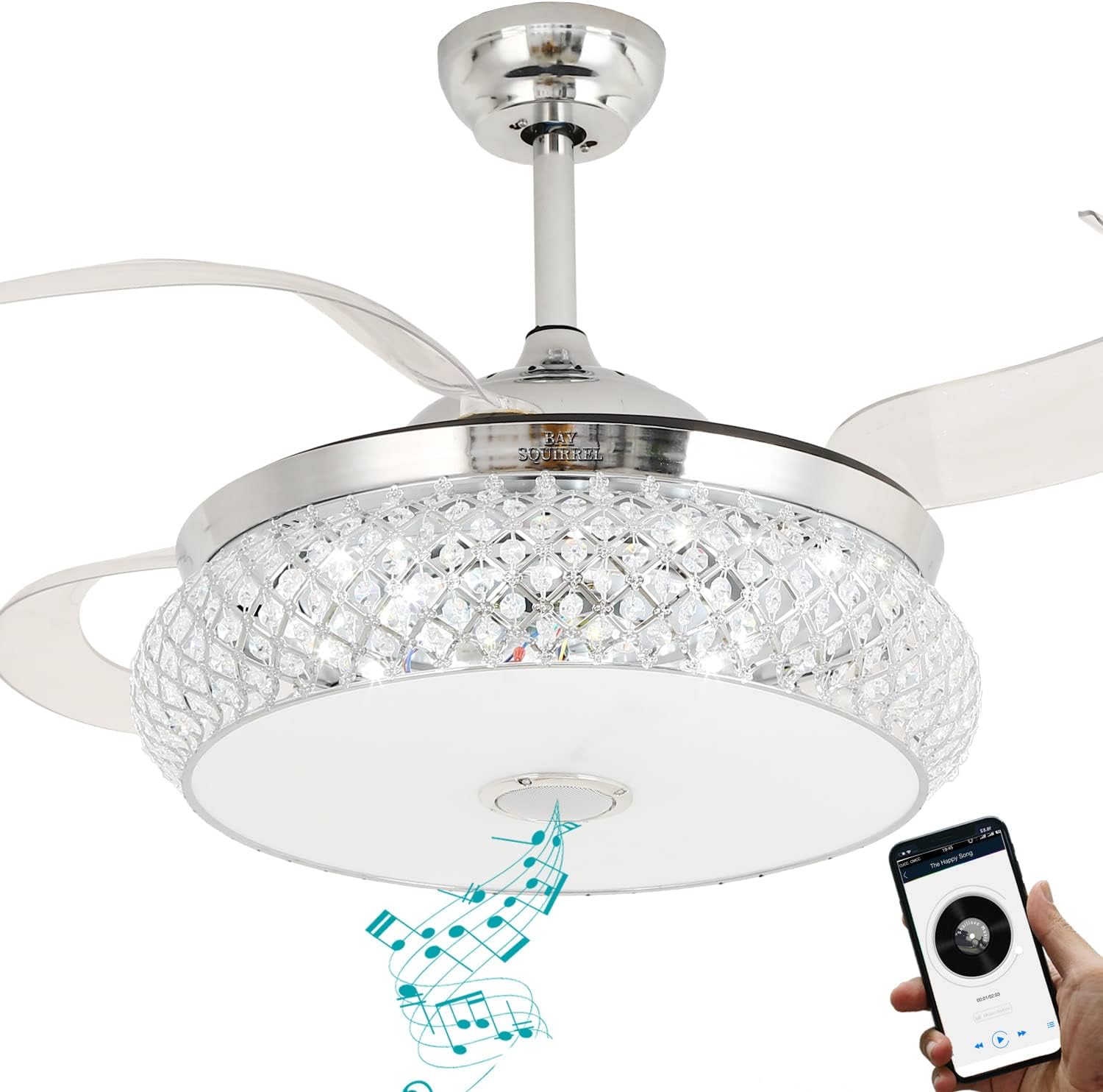 BAYSQUIRREL Retractable Invisible Ceiling Fan with Light and Bluetooth Speaker, Modern Bluetooth Fan Chandelier with Remote Control 7 Color Change 36W LED 42 Inch (Gold)