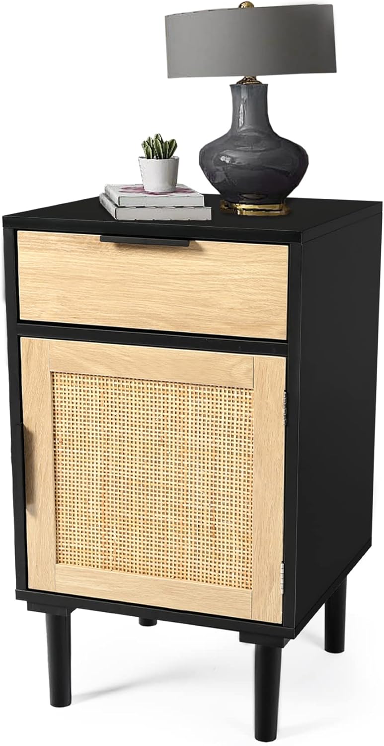 OKL Tall Nightstand with Drawer and Shelf, End Table, Rattan Side Table with Made Rattan Decorated Doors,Solid Wood Accent Bedside Table with Storage for Living Room, Bedroom (Black)