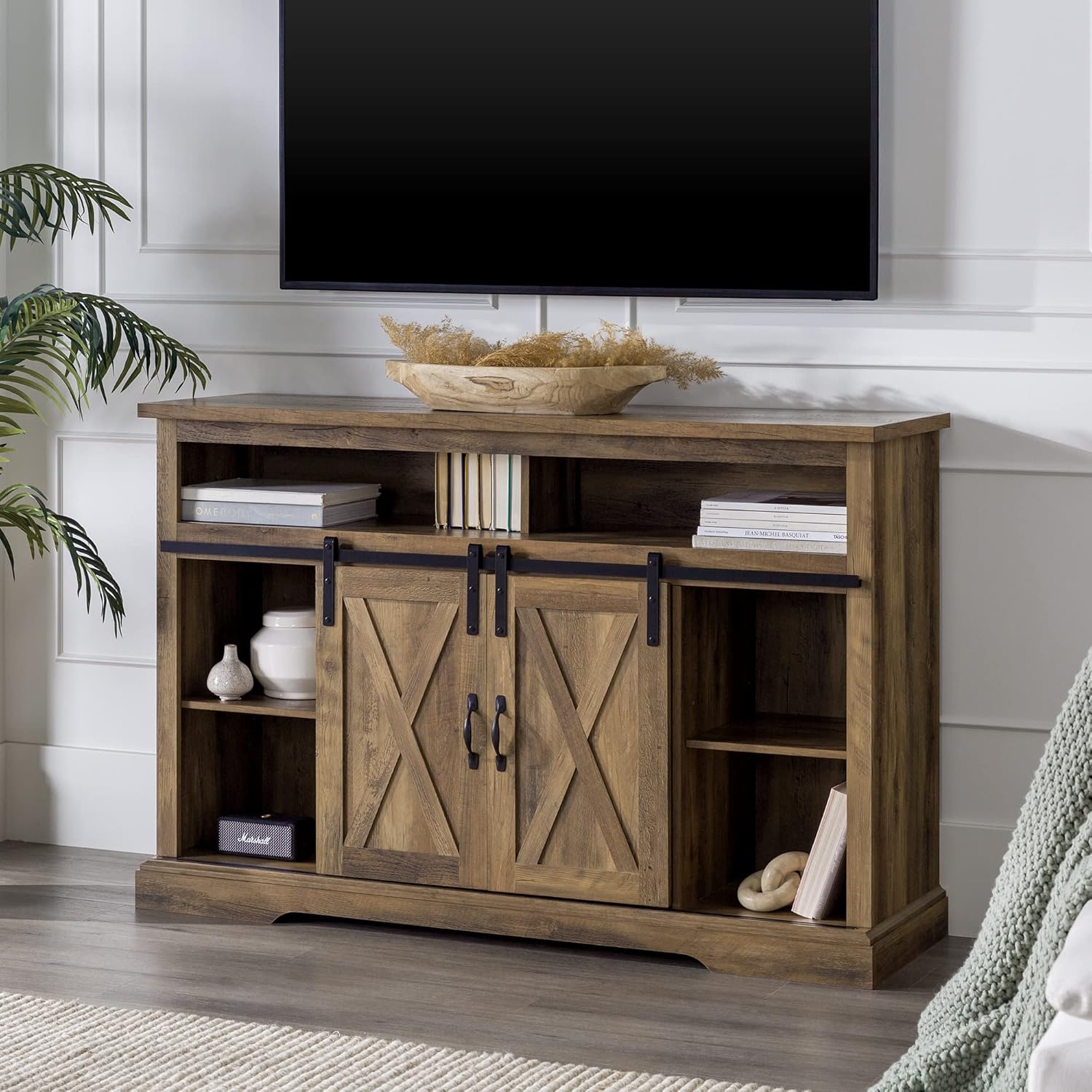 Home Accent Furnishings 52 Inch Highboy Sliding Barn Door TV Console in Rustic Oak