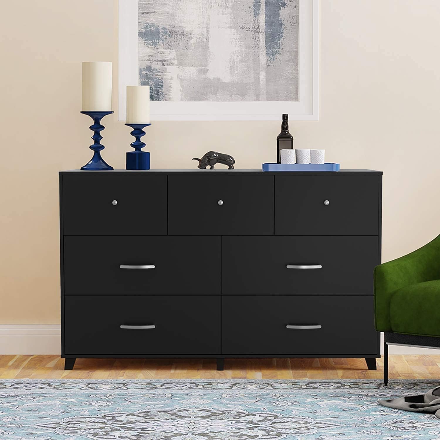 Cozy Castle 6-Drawer Dresser, Wood Black Dresser, Chest of Drawers for Bedroom, Vertical Dresser, 2 Small Drawers and 4 Large Drawers Sufficient for Bedroom Storage, Black