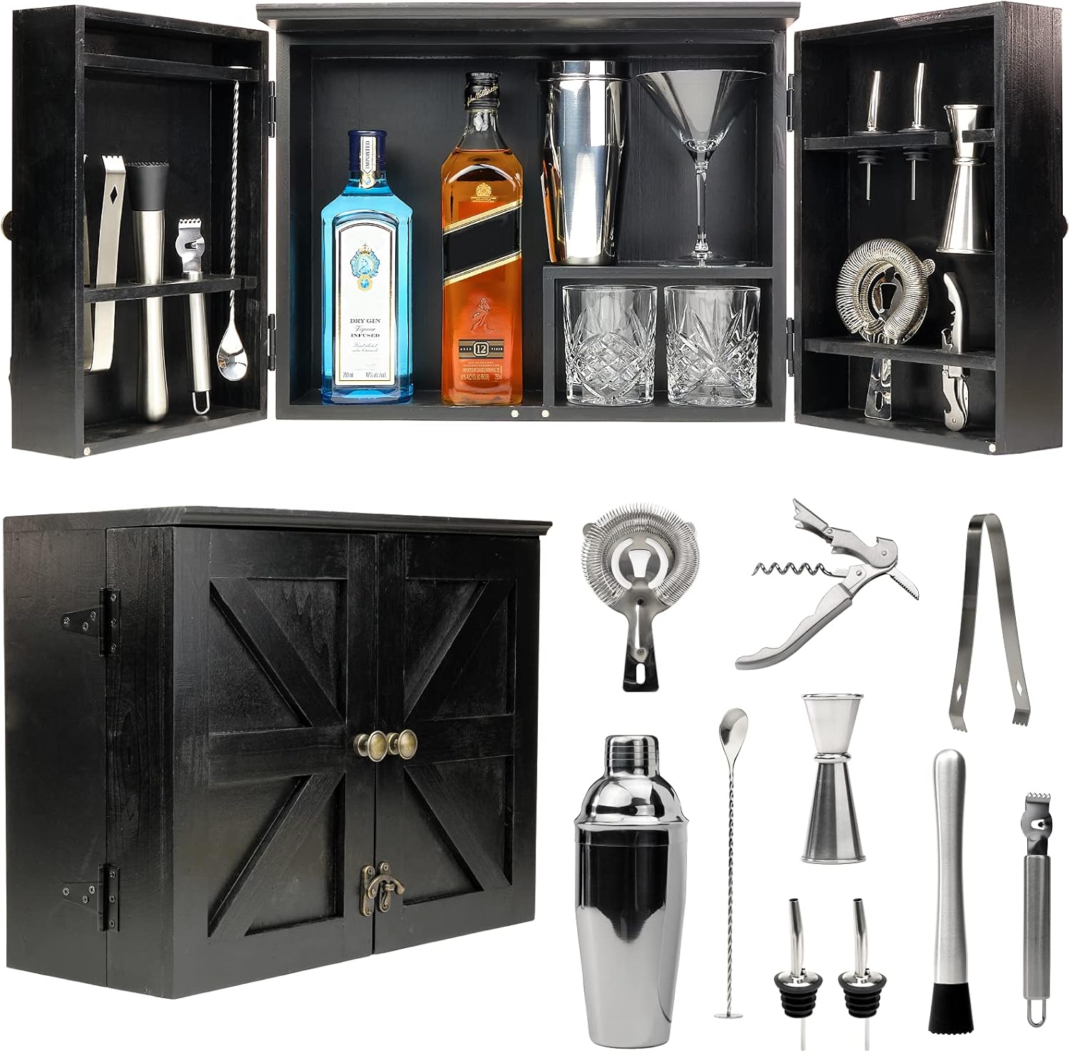 Excello Global Products Barndoor Bar Cabinet with 12 Piece Bar Set - Black Pack of 2