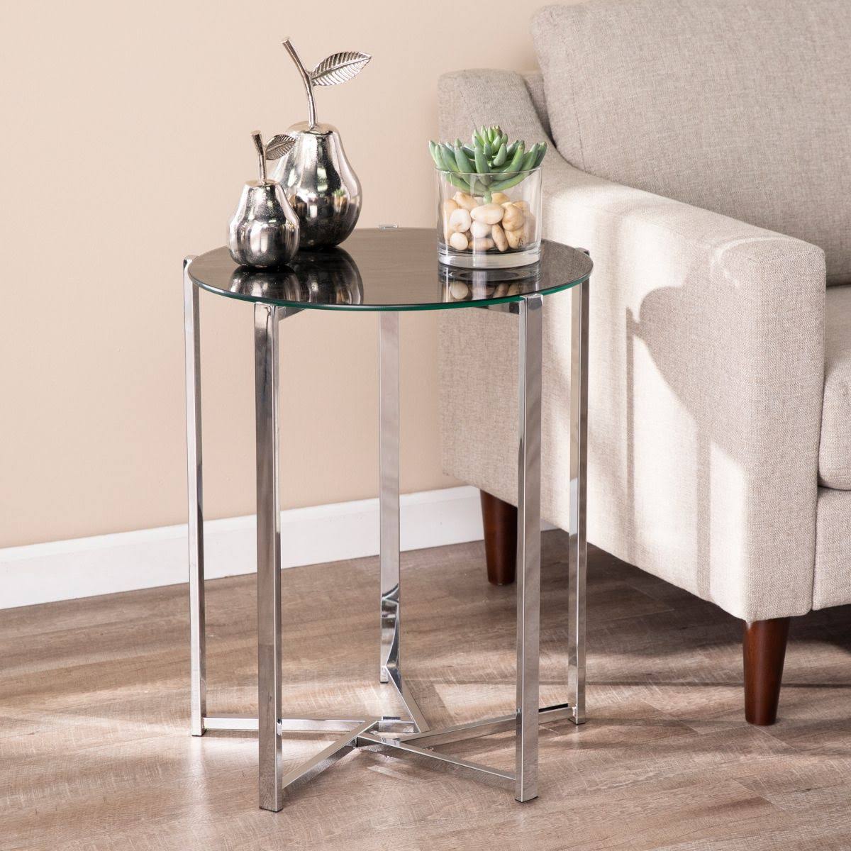 24x22 Silver and Black Geometric Glass Round End Table with Star Base