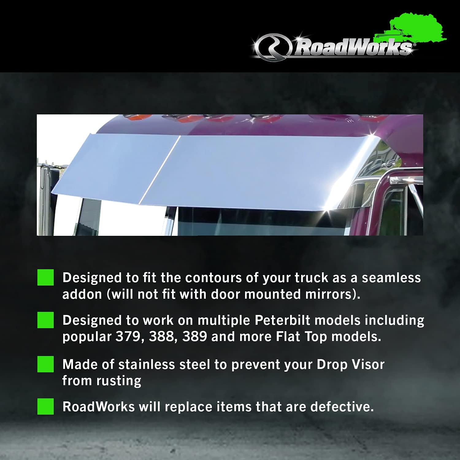 RoadWorks Stainless Steel 13.5&rdquo; Blind Mount Drop Visor for 1995-2005 Peterbilt Ultracab