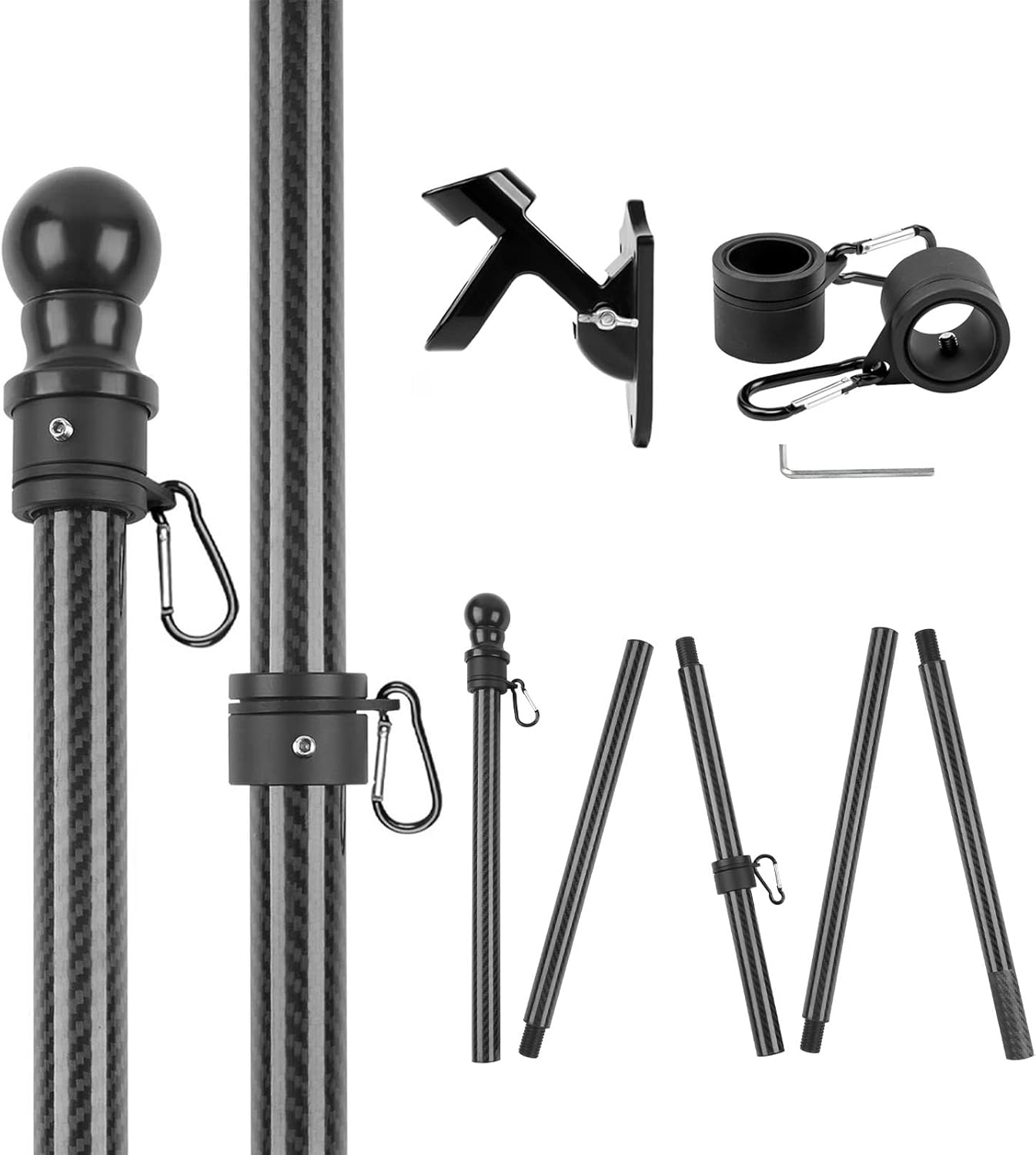 HIBLE 6FT Flag Pole Strong Carbon Fiber Flag Pole Wall Mount Flag and Pole for House 5 Sections Adjustable Length Black Flag Poles Residential with Bracket and Tangle Free Rings