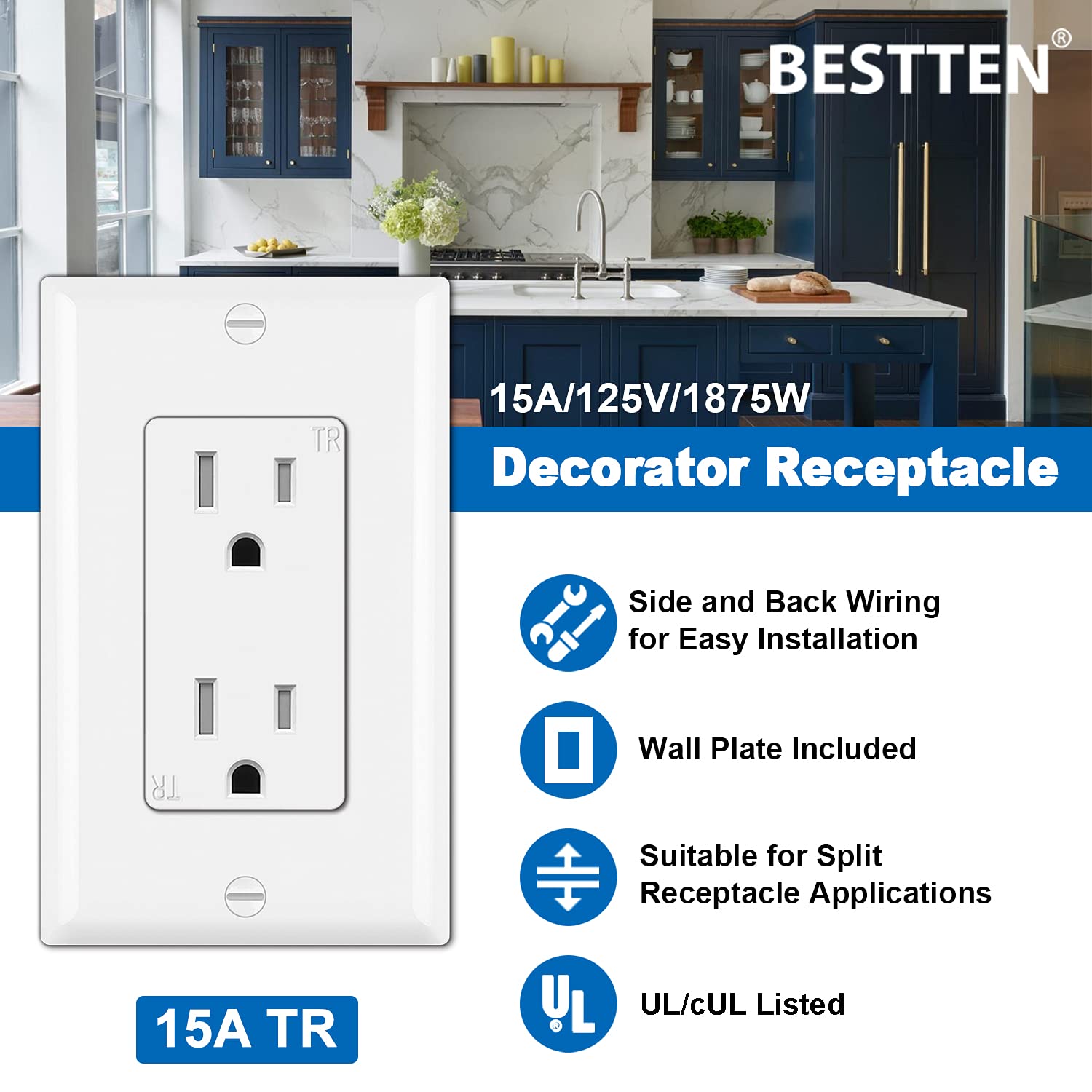 [20 Pack] BESTTEN 15A Tamper Resistant Decor Receptacle, Standard Electrical Wall Outlet, Residential and Commercial Use, UL Listed, White Pack of 2