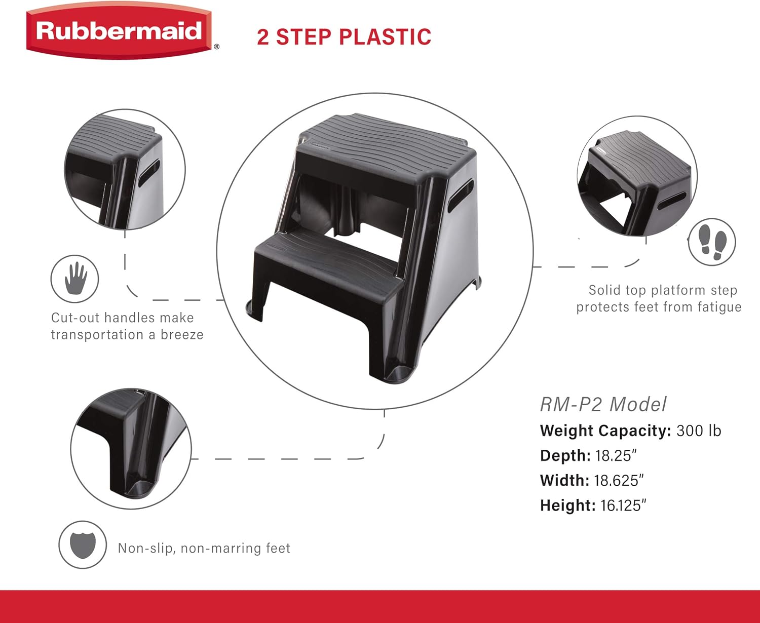Rubbermaid RM-P2 2-Step Molded Plastic Stool with Non-Slip Step Treads 300-Pound Capacity