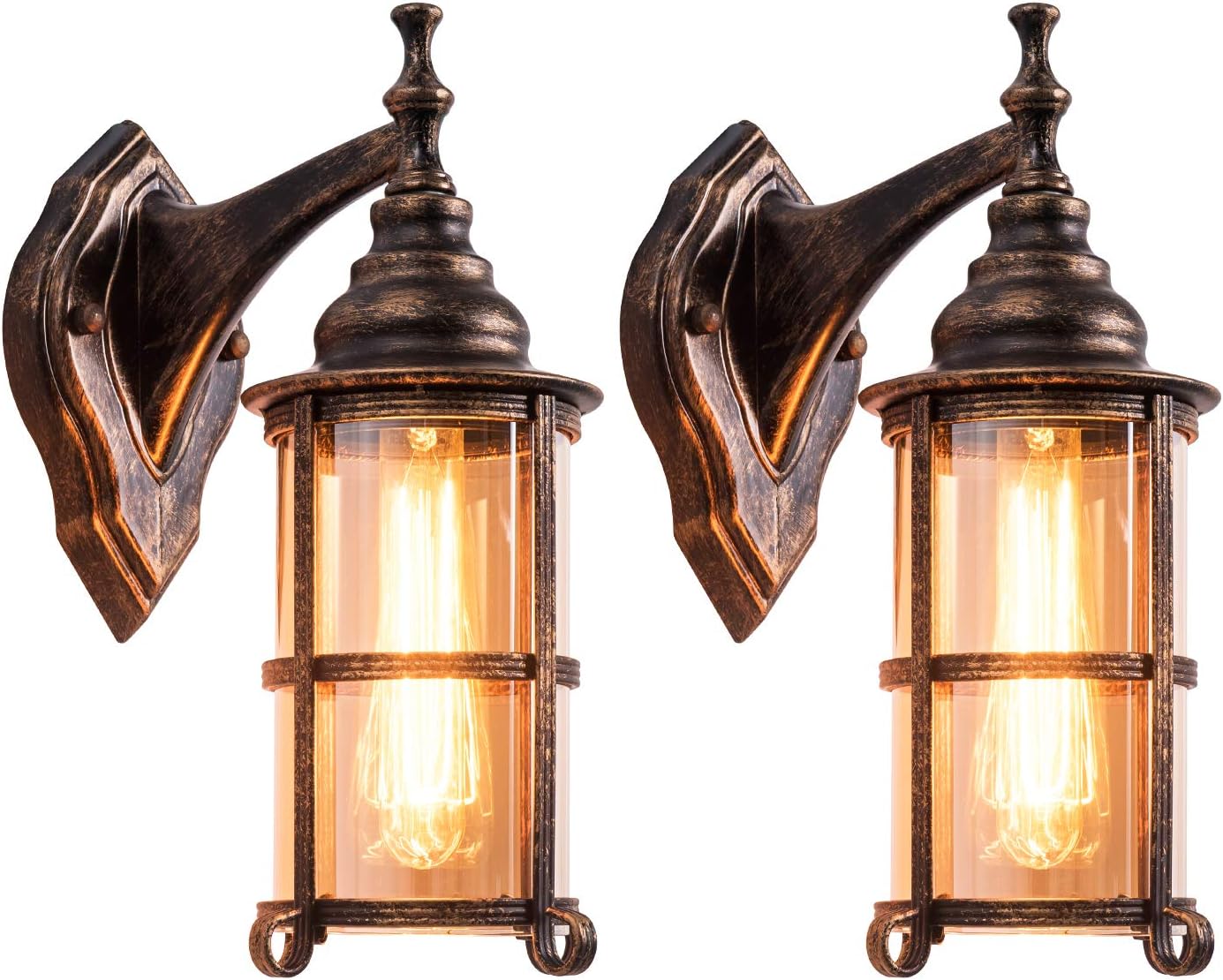 Rustic Outdoor Wall Light, Golden Bronze Exterior Wall Sconces Fixture with Amber Glass Shade, Industrial Lantern Porch Lighting Waterproof Retro Farmhouse Lamp for Indoor Bedroom Living Room Pack-2