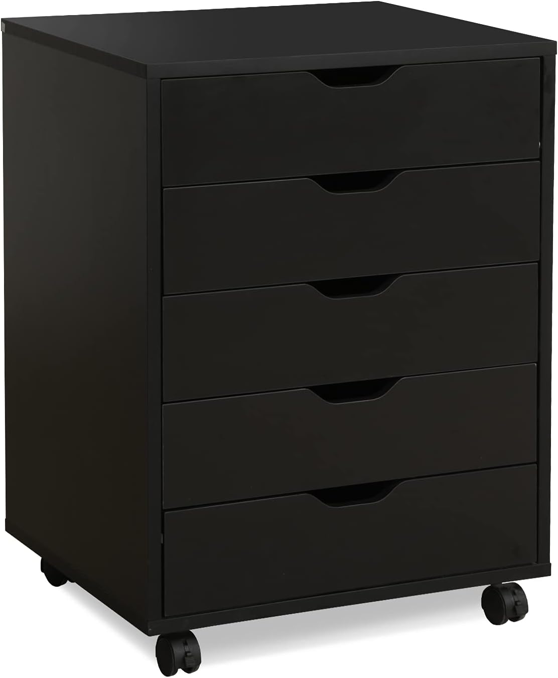 AMISEN 5 Drawers Office Storage Cabinet with Wheels，Wood Dresser Chest of Drawers, Black