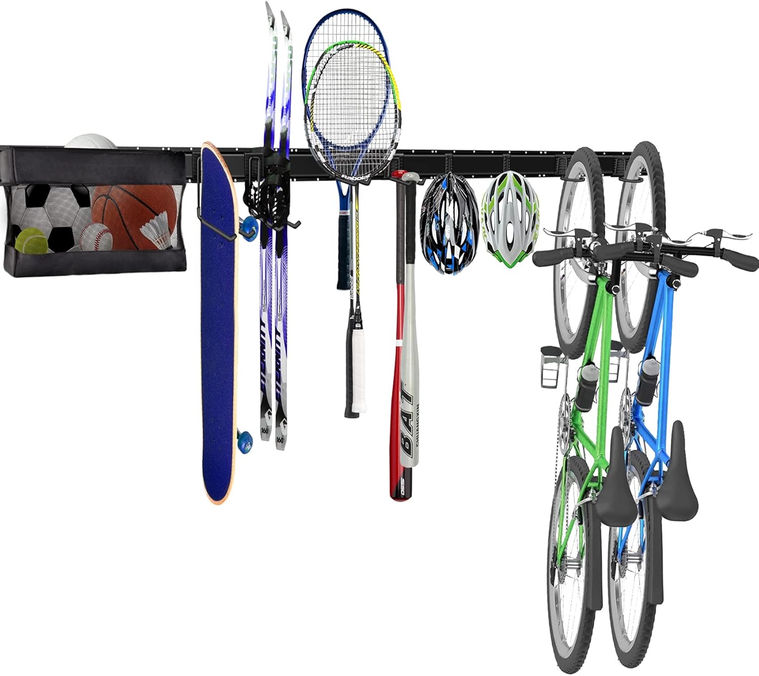 WALMANN Garage Sports Equipment Organizer, Wall Mounted Ball Storage Rack with Basket, 2 Bike Wall Rack, for Basketball Soccer Ball Baseball Bats Bike Helmet Tennis Rackets Pack of 2