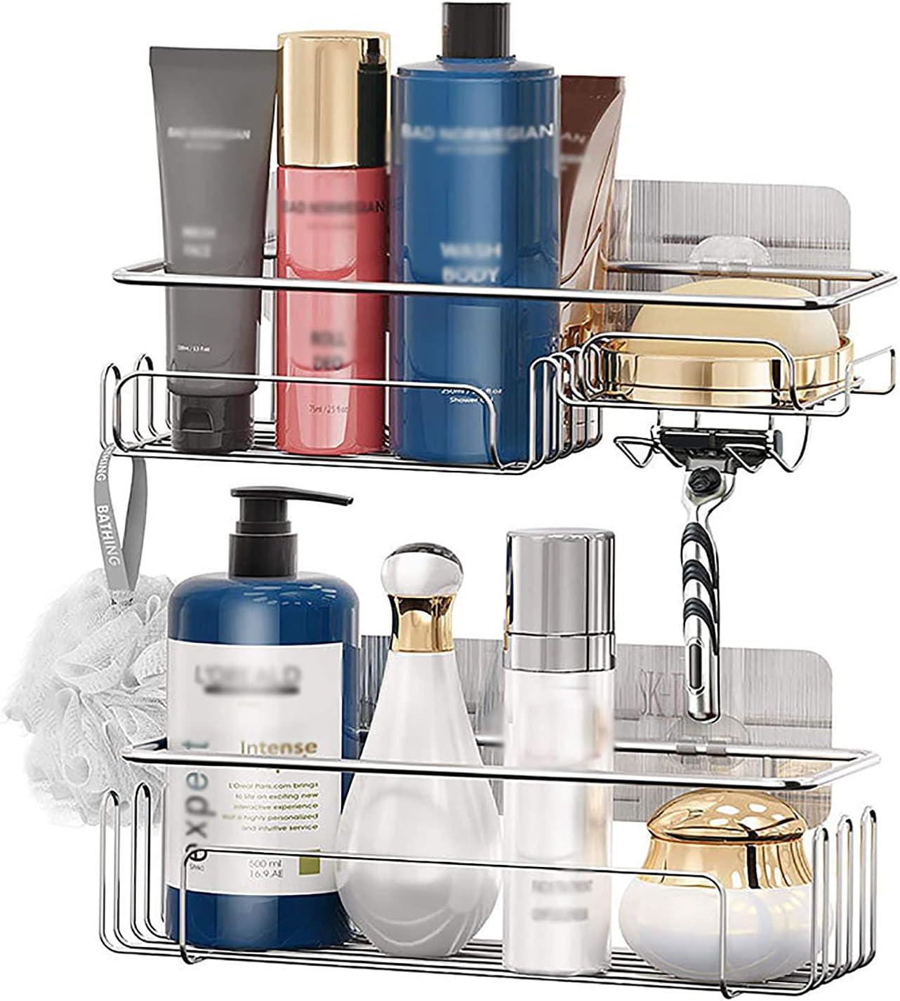 Shower Organiser Storage - Stainless Steel Shower Storage Rack No Drilling Bathroom Shelf - for Hanging Shower Ball and Razor, Shampoo Holder Organizer - Silver Pack of 2