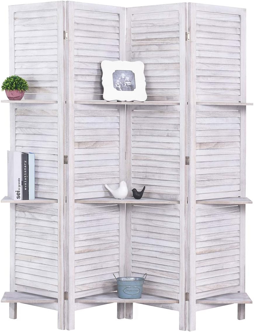 5.6 Ft Wood Room Divider, 4 Panel Panel Divider&Room Dividers, Partition Divider,Decorative Panel, Folding Privacy Screen Panels, Room Dividers with 3 Shelves and Privacy Screens (4 Panel,Natural)