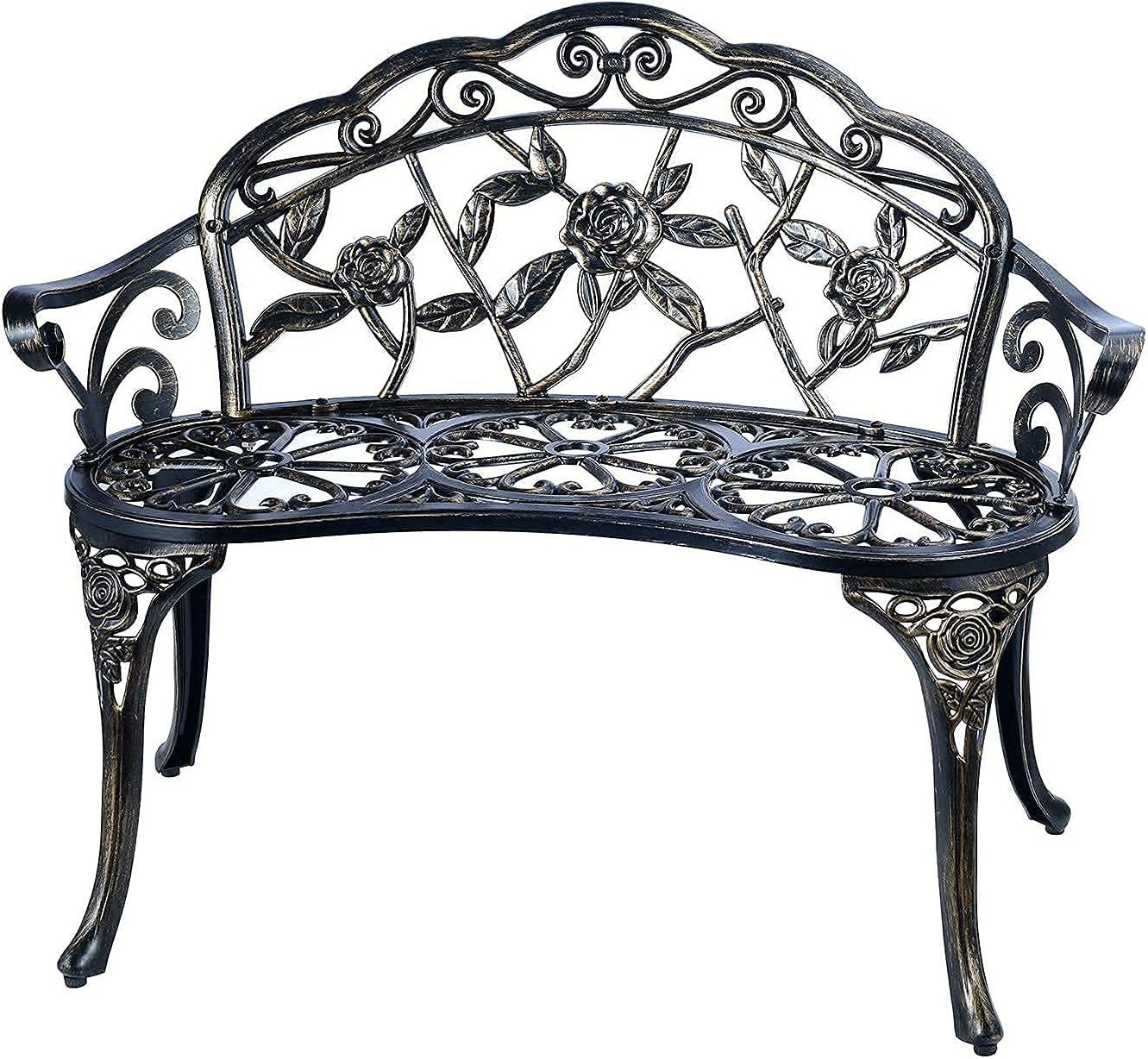 Outdoor Bench Park Garden Bench, All Chair Anti Rust Cast Aluminum Patio Yard Bench Carved Rose Loveseat Bench for Backyard, Porch, Balcony, Lawn (Copper)