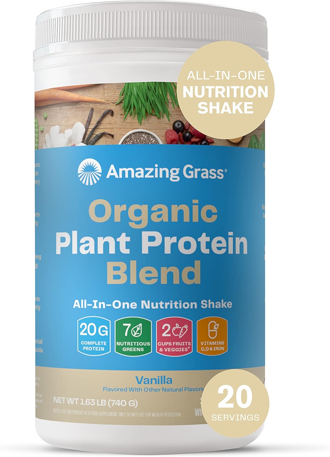 Amazing Grass Organic Plant Protein Blend: Vegan Protein Powder, All-In-One Nutrition Shake with Beet Root, Pure Vanilla, 20 Servings Pack of 2