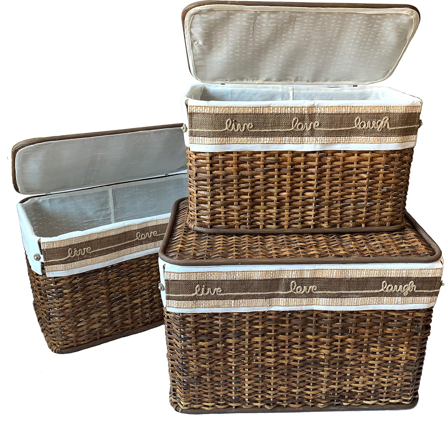 GUTZ Handcrafted Wicker Set of 3 Storage Handwoven Rattan Footlocker Basket Chest Home Organizers with Lids, Handles, Cloth Liner and Coconut Buttons, Jute Rope, and Raffia Weave Accent