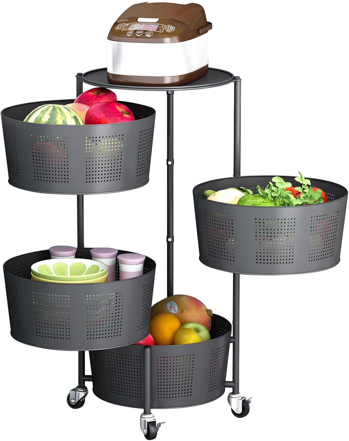 Kitchen Storage Rack with Wheels Round Standing Rack for Livingroom Rotating Organizer Household Storage Shelf Black 5F